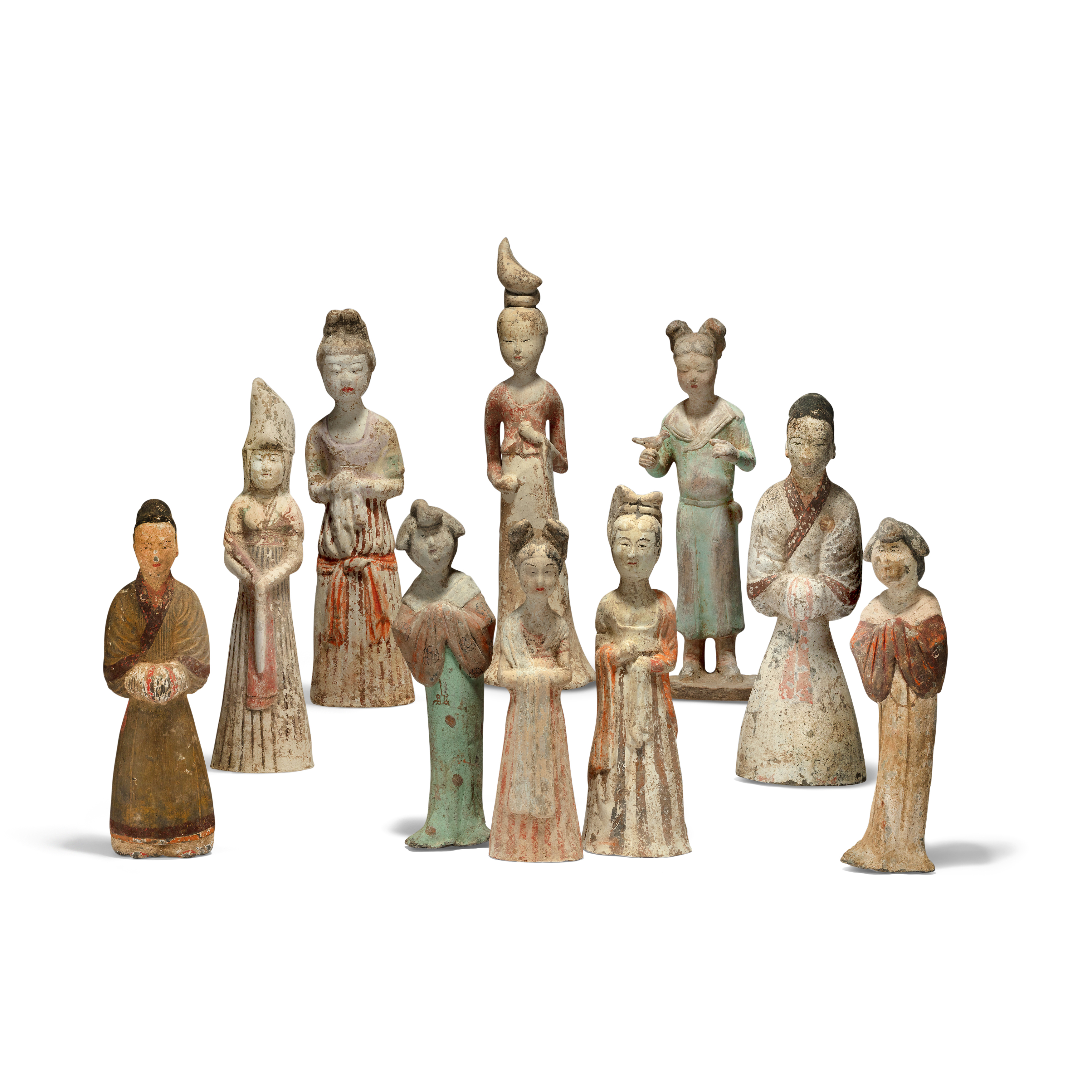 A group of ten Chinese pottery figures Han - Tang dynasty To include attendants and court figur...
