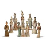 A group of ten Chinese pottery figures Han - Tang dynasty To include attendants and court figur...