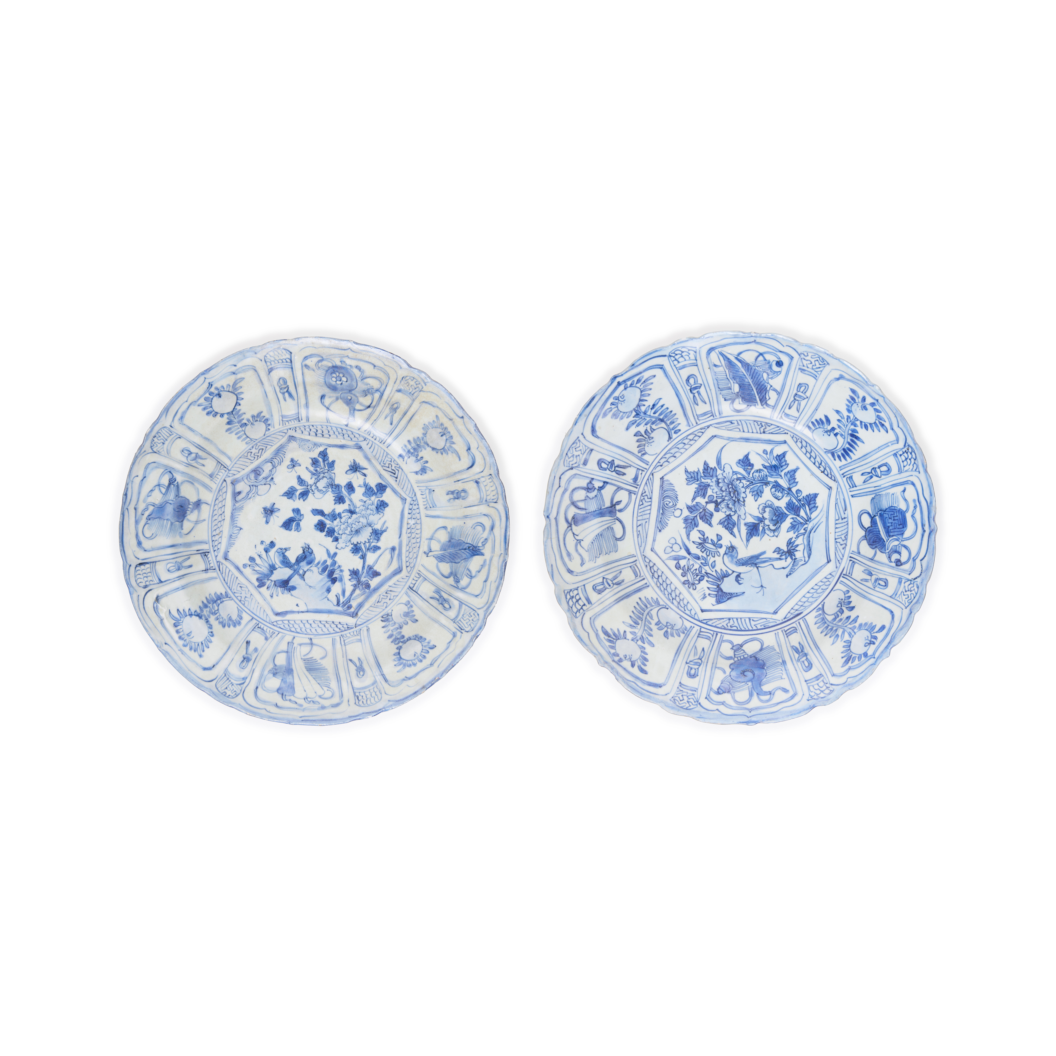 A pair of Chinese Kraak blue and white dishes Transitional, mid-17th century Painted to the cen...