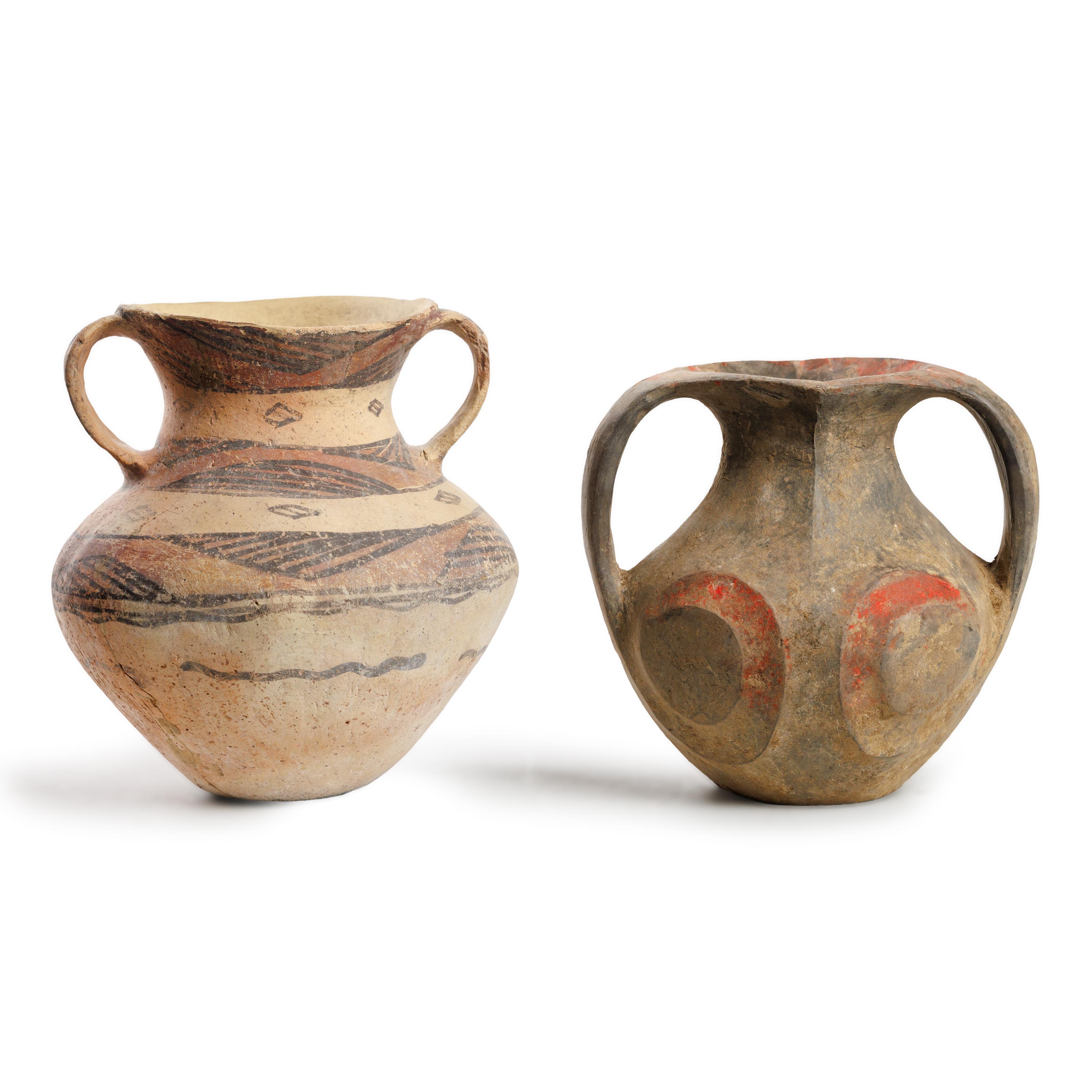 Two small Chinese painted pottery jars Neolithic period - Han dynasty The first, a baluster sha...