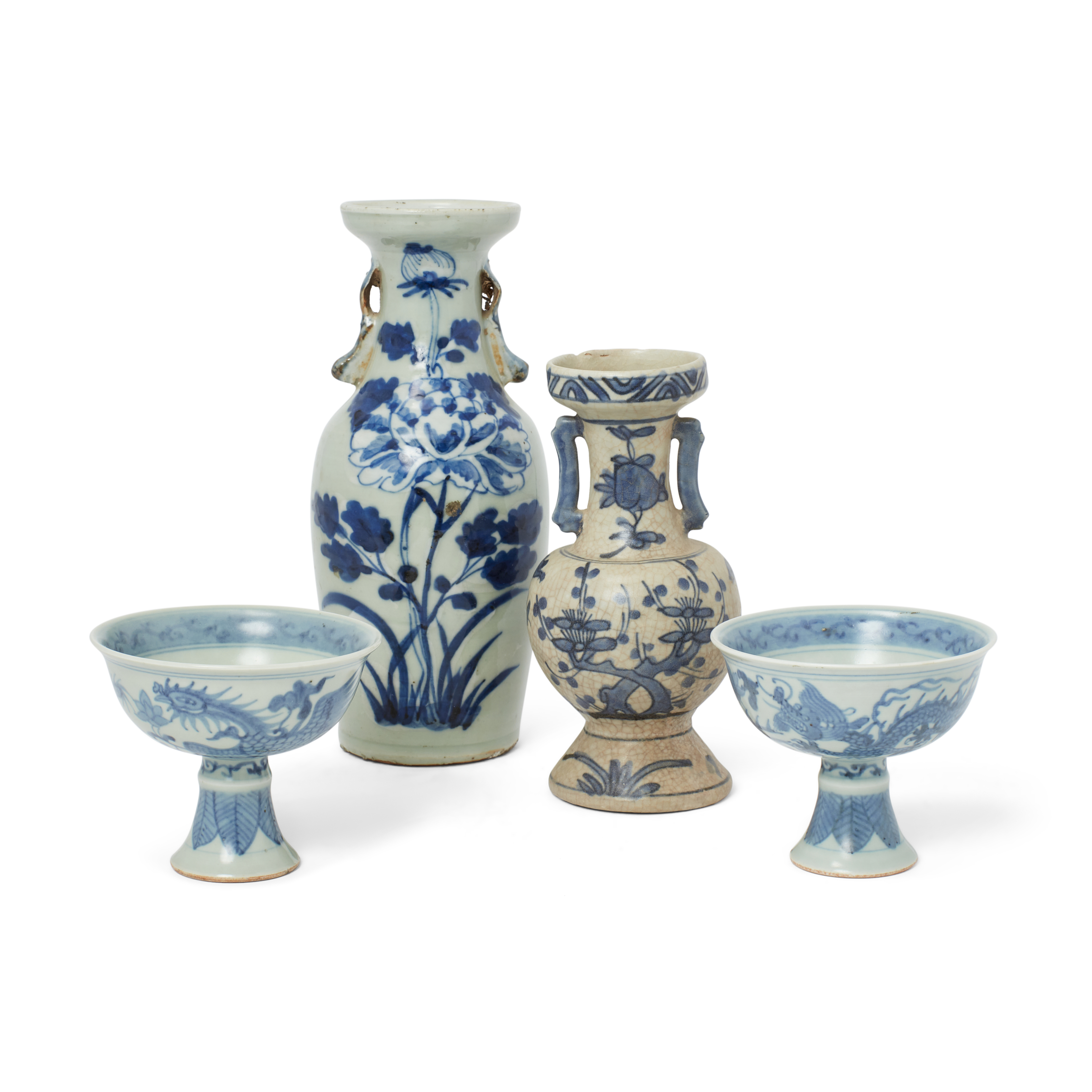 Two Chinese blue and white vases and a pair of stem cups  Yuan dynasty - 20th century Comprisin...