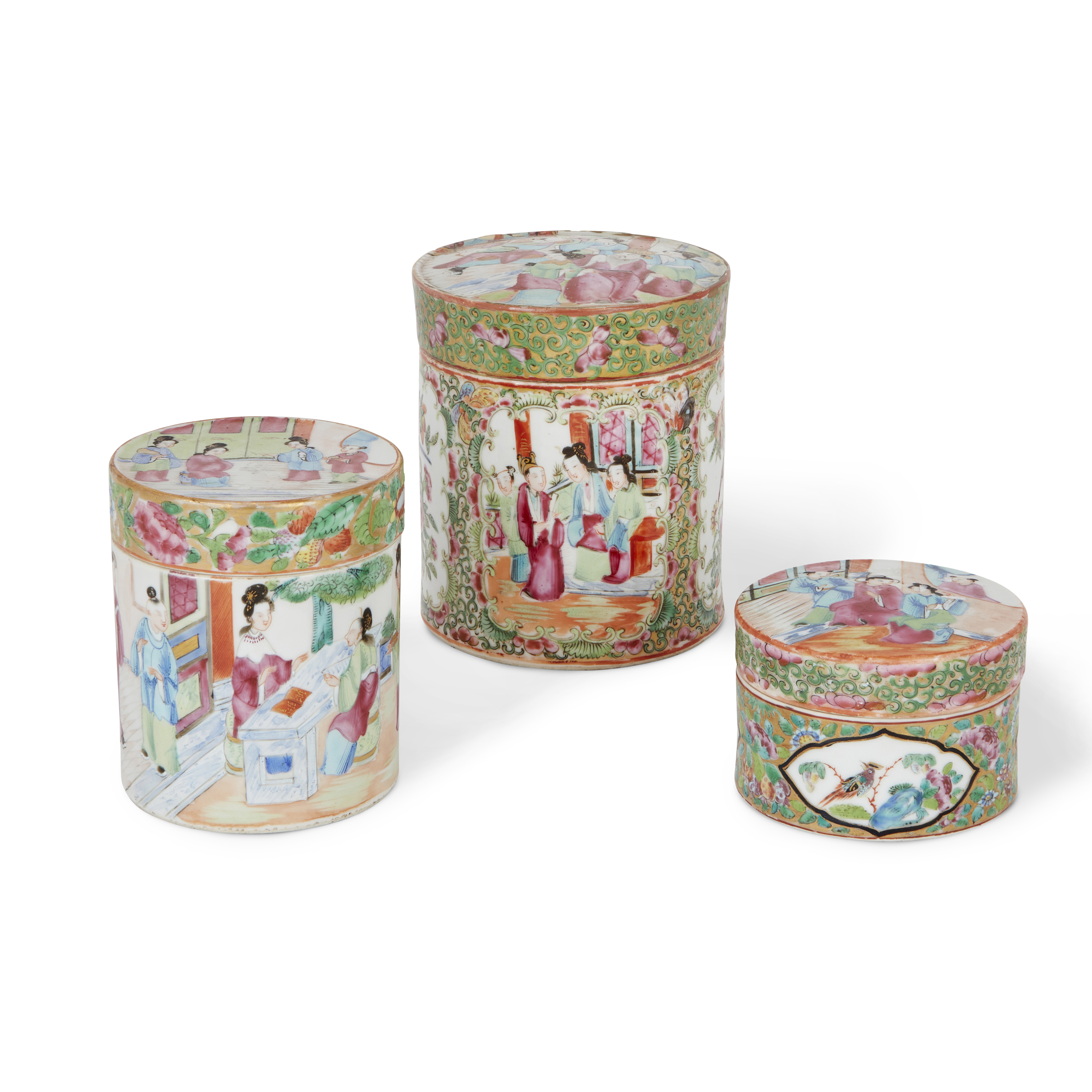 Three Chinese Canton famille rose cylindrical boxes Qing dynasty, 19th century Variously decora...