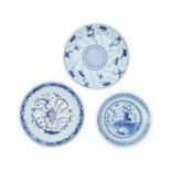 Three Chinese blue and white plates Qing dynasty, 18th and 19th century Comprising two plates o...