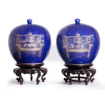 A pair of Chinese powder blue jars and covers Qing dynasty, 19th century Each painted in gilt w...