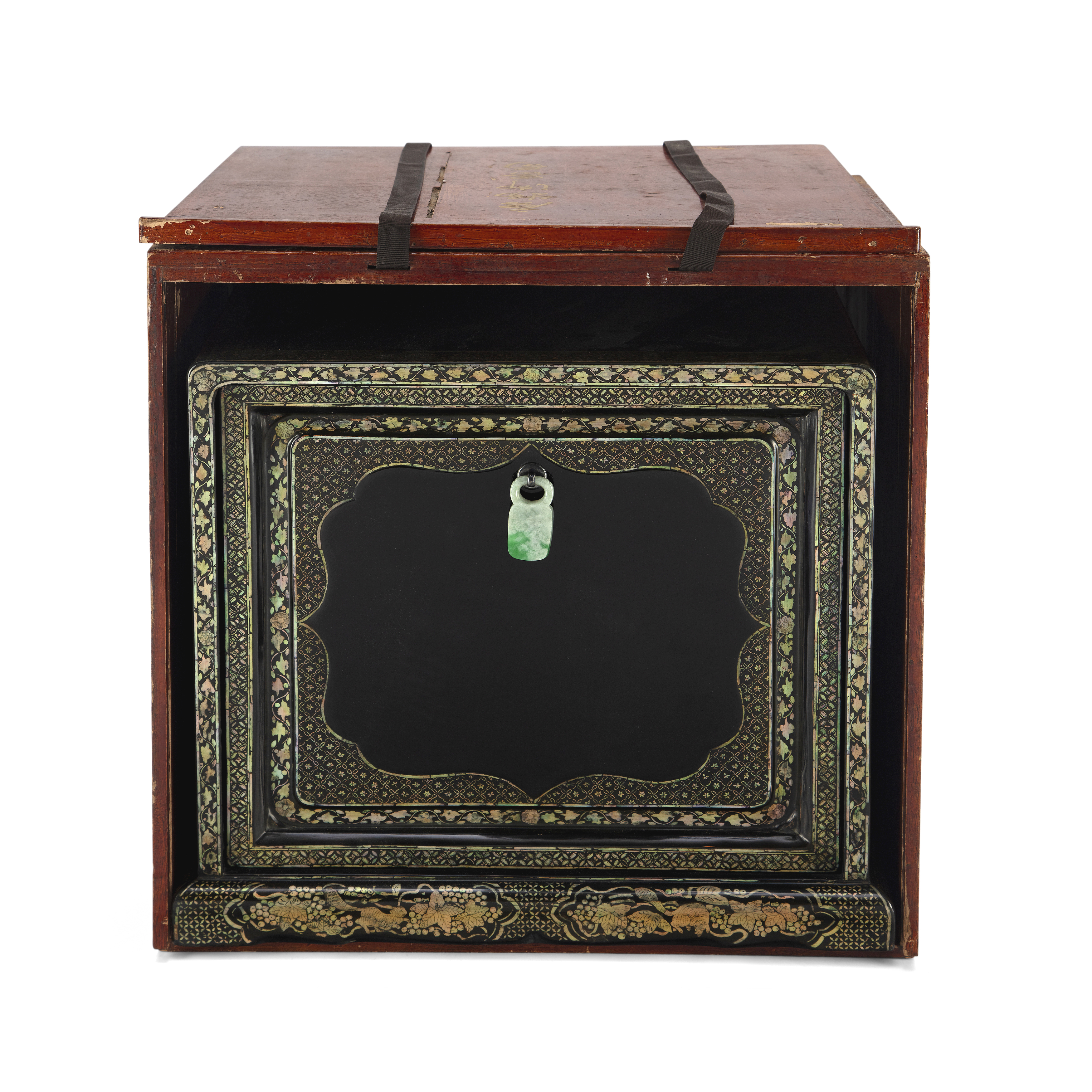A Chinese mother of pearl inlaid black lacquer table cabinet Ming dynasty, 17th century With pa... - Image 3 of 3