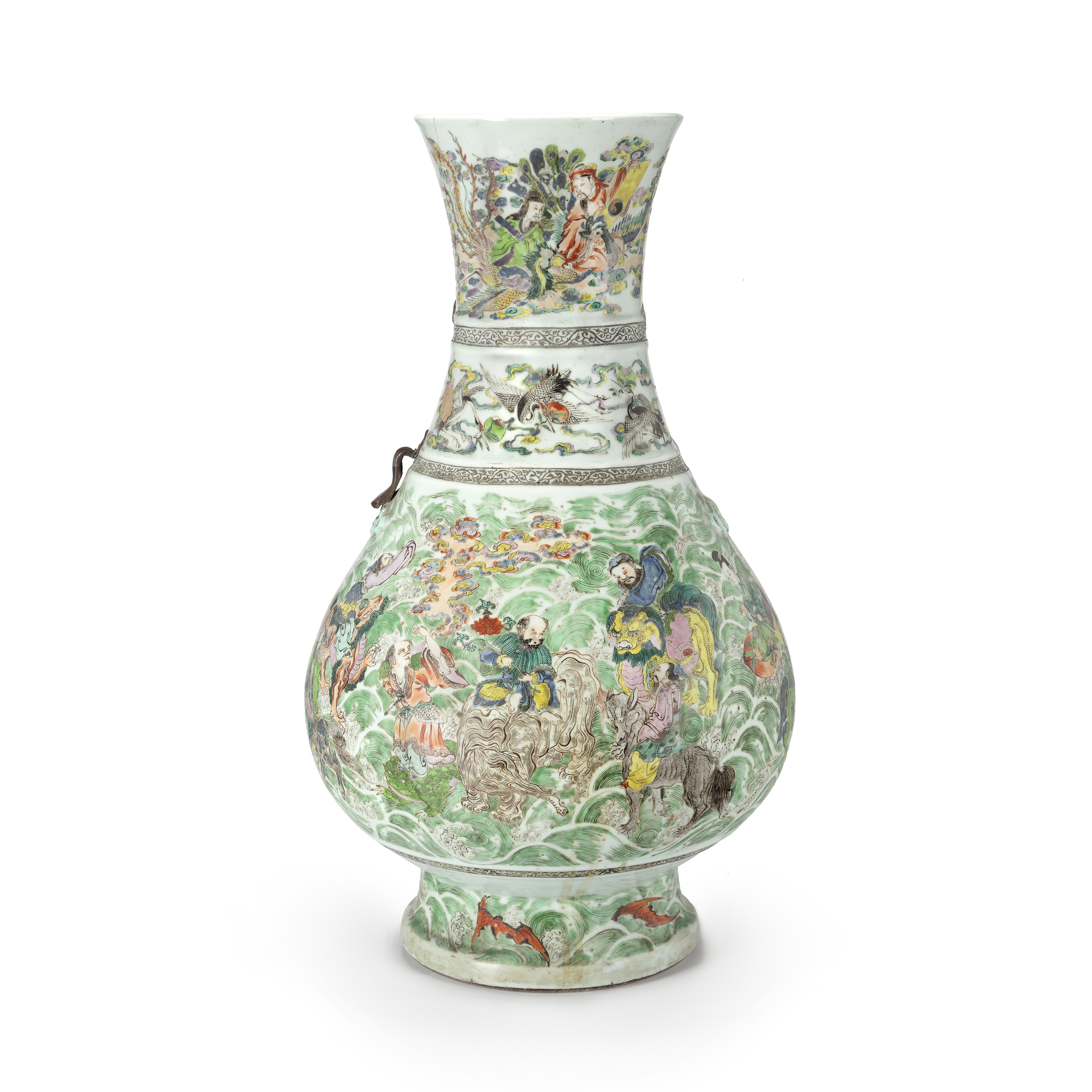A large Chinese famille verte vase 19th century The bulbous pear-shaped body with flaring rim a...