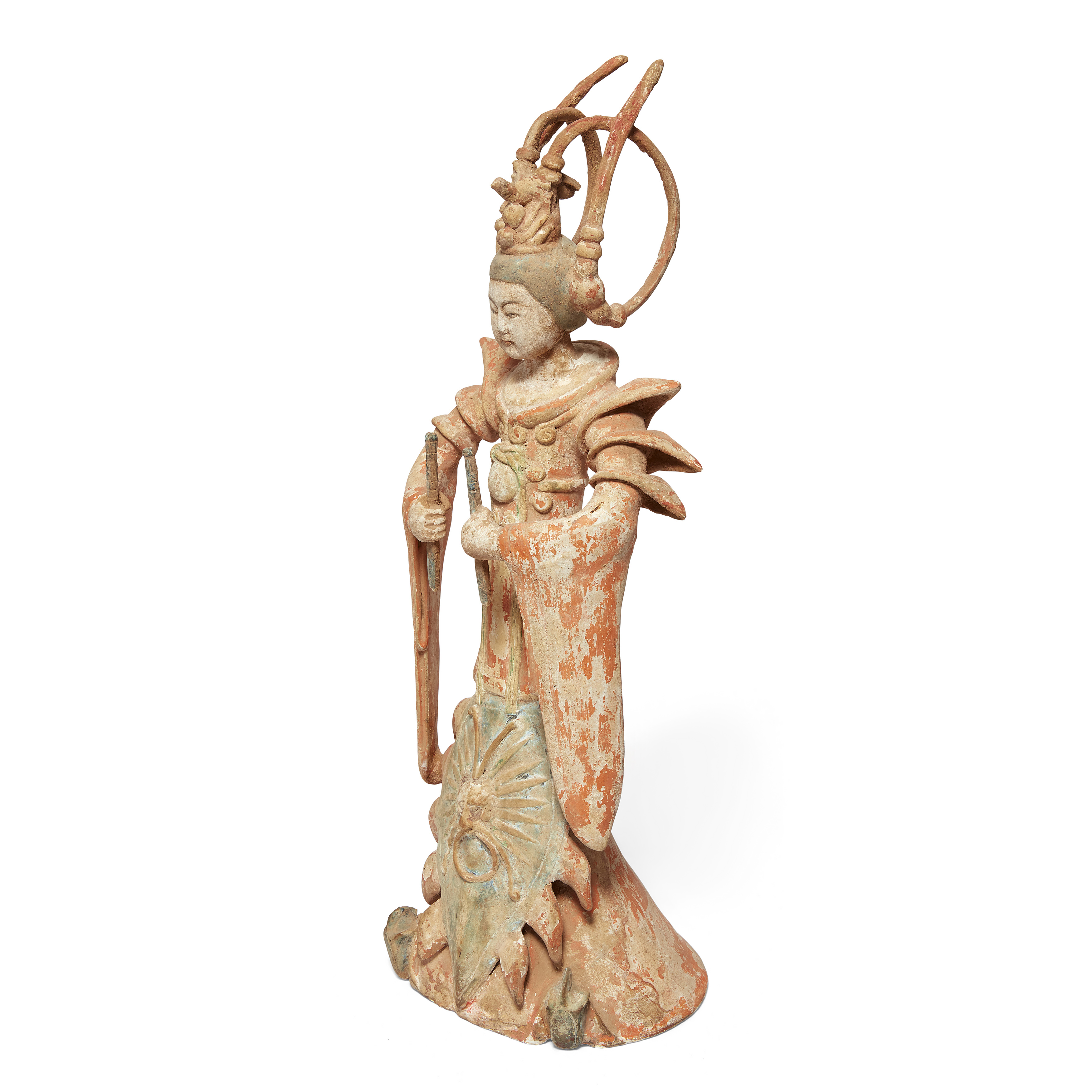 A Chinese painted pottery figure of a dancer Tang dynasty Wearing elaborate bird form headdress... - Image 2 of 2