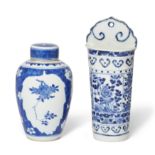 A Chinese blue and white jar and cover and a wall vase Qing dynasty, 18th century The jar paint...