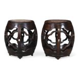 A pair of Chinese hongmu marble inset barrel form stools Qing dynasty, 19th century The circula...