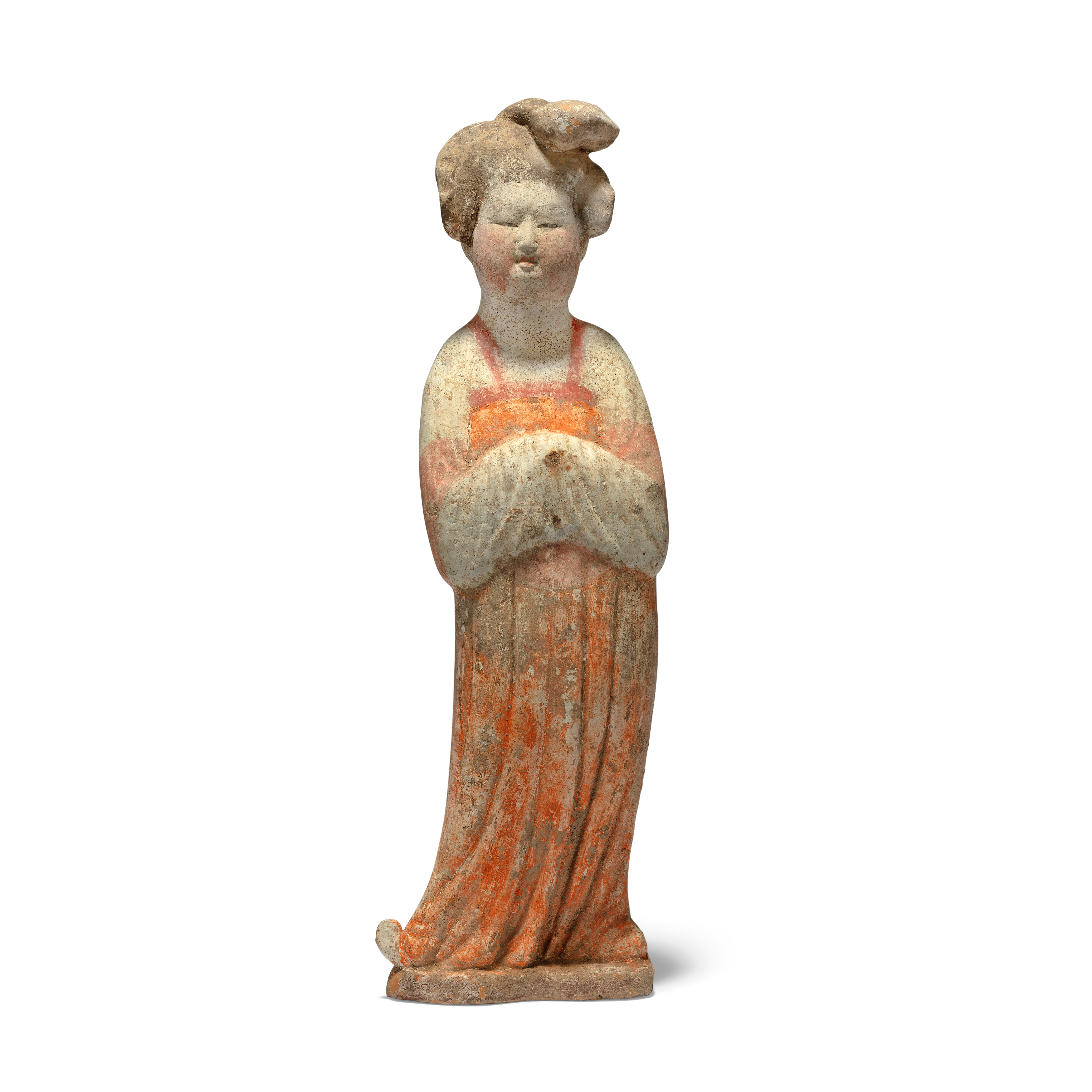 A Chinese pottery figure of a court lady Tang dynasty Modelled standing and swaying to the left...