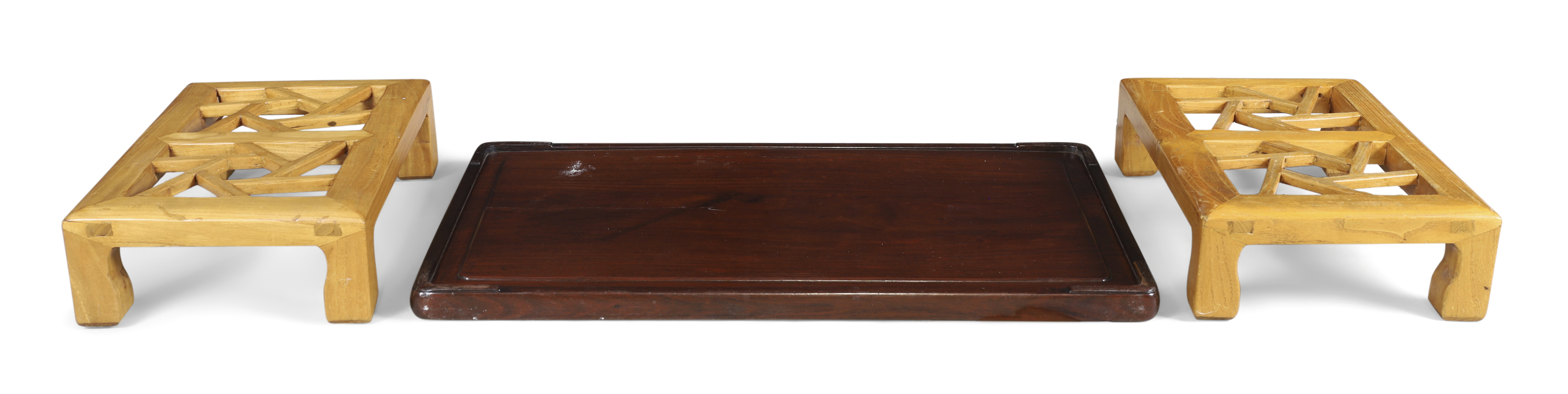 A Chinese rosewood rectangular tray and a pair of elm 'cockpen' footstools Republic period The ... - Image 2 of 2