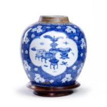 A Chinese blue and white 'hundred antiques' jar Qing dynasty, Kangxi period Decorated with thre...