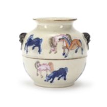 A Chinese blue and white and famille rose 'horses' jar Qing dynasty, 19th century Of globular f...