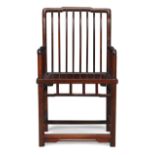 A Chinese rosewood high back armchair, meiguiyi,  Qing dynasty, 19th century With stepped crest...