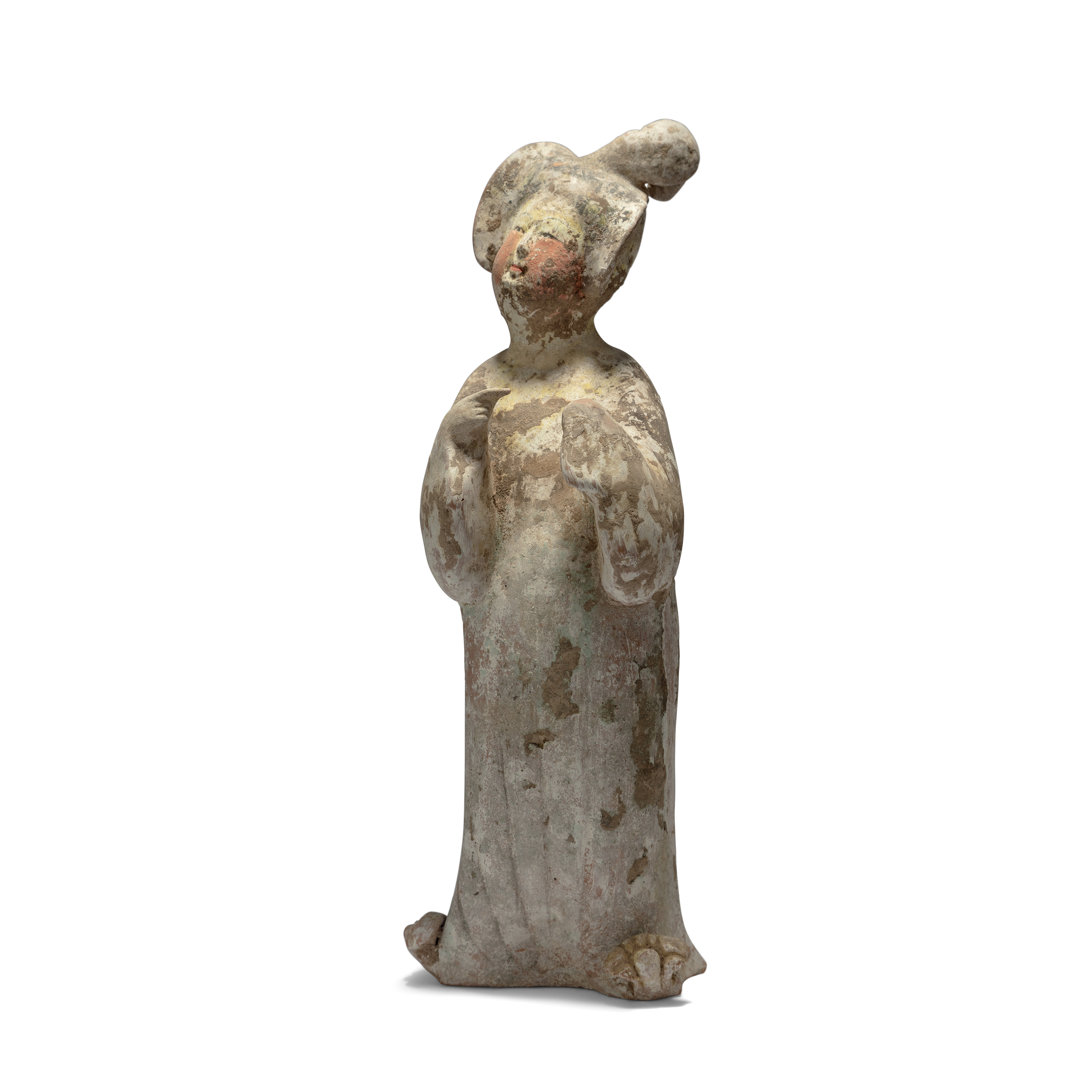 A Chinese painted pottery figure of a court lady Tang dynasty The lady potted standing slightly...