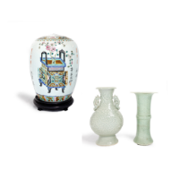 A Chinese famille rose jar and cover and two celadon vases late 19th  - 20th century The jar of...
