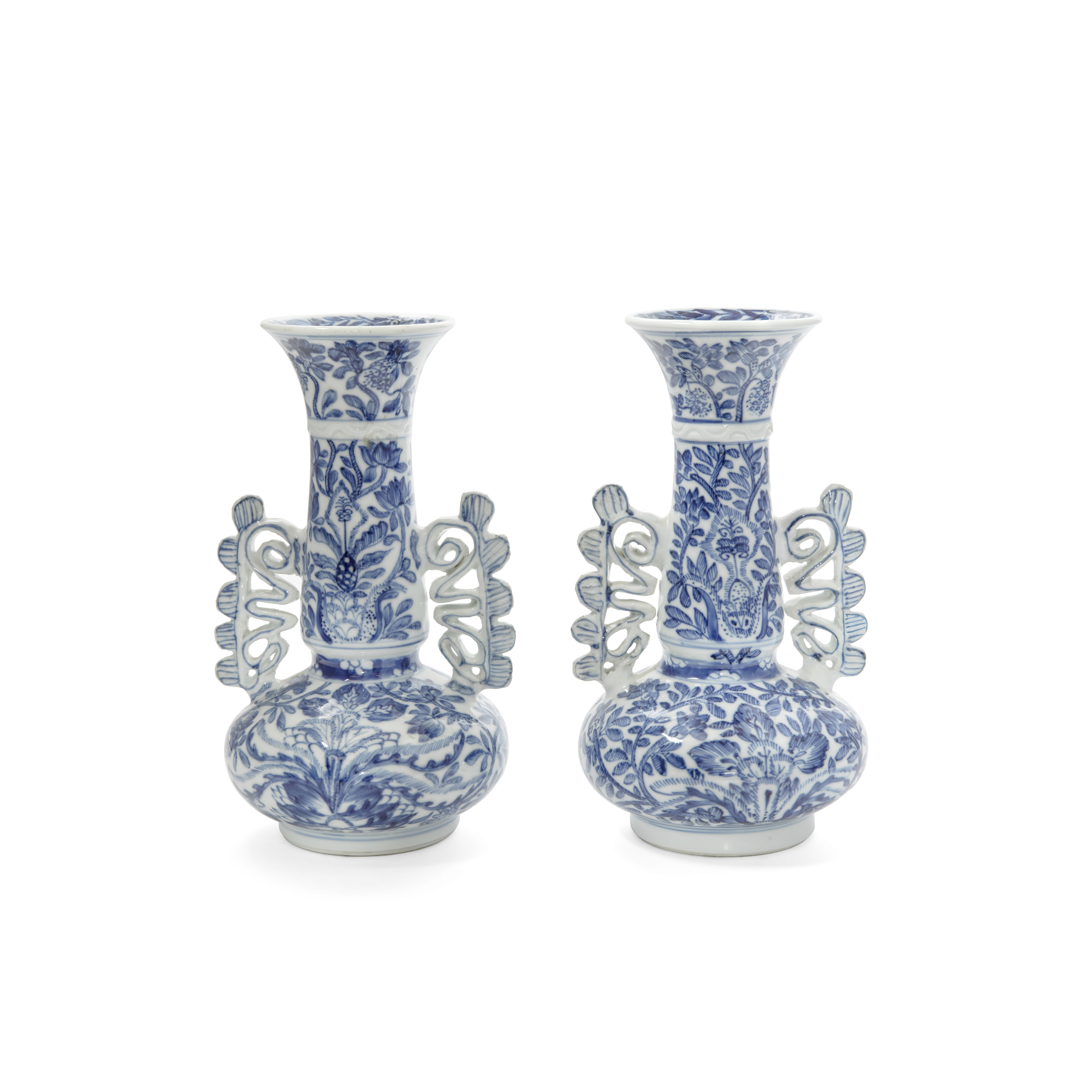 A pair of Chinese blue and white 'Façon de Venise' vases Qing dynasty, Kangxi period With typic...