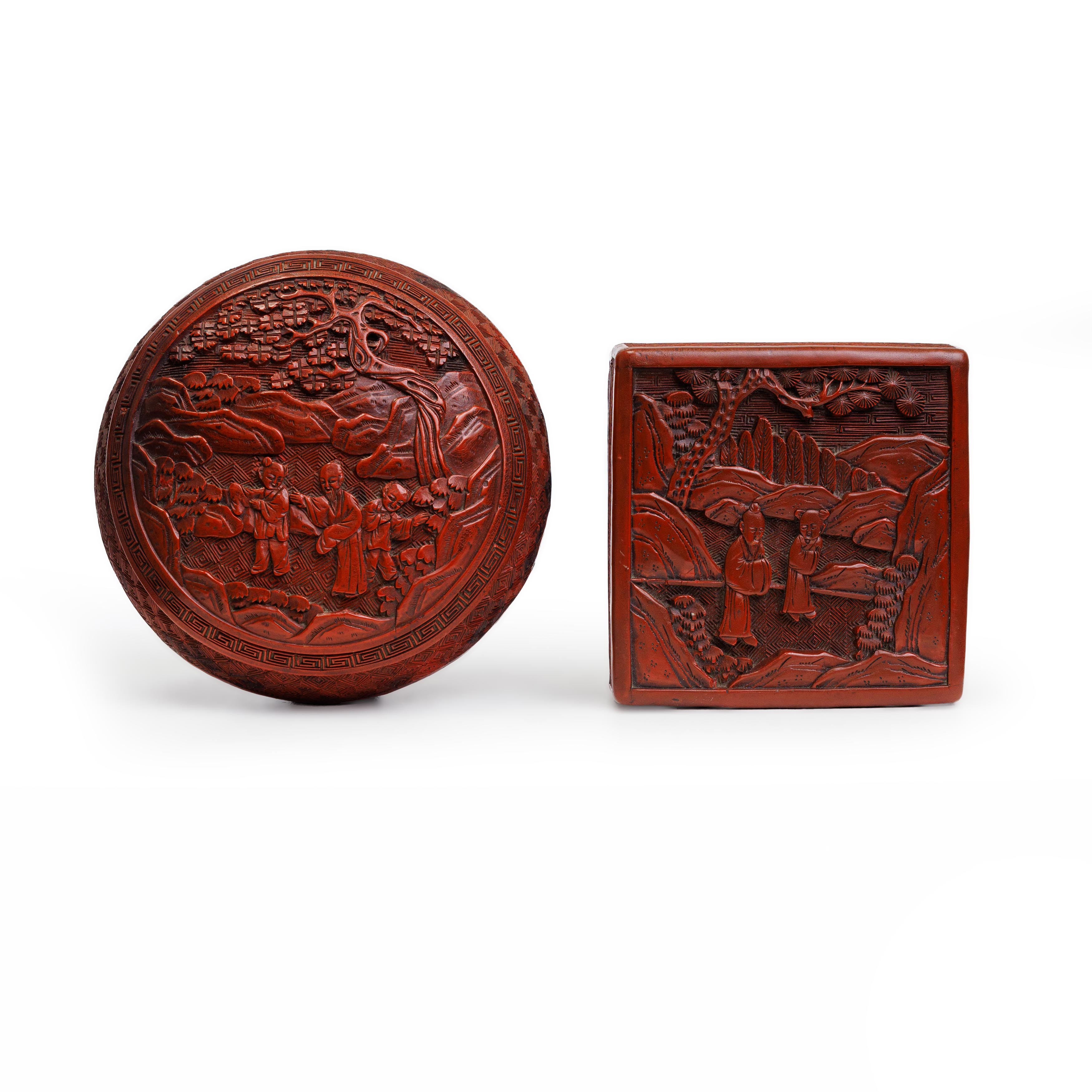 Two Chinese red cinnabar lacquer boxes Qing dynasty, 19th century One of square section, the ot...