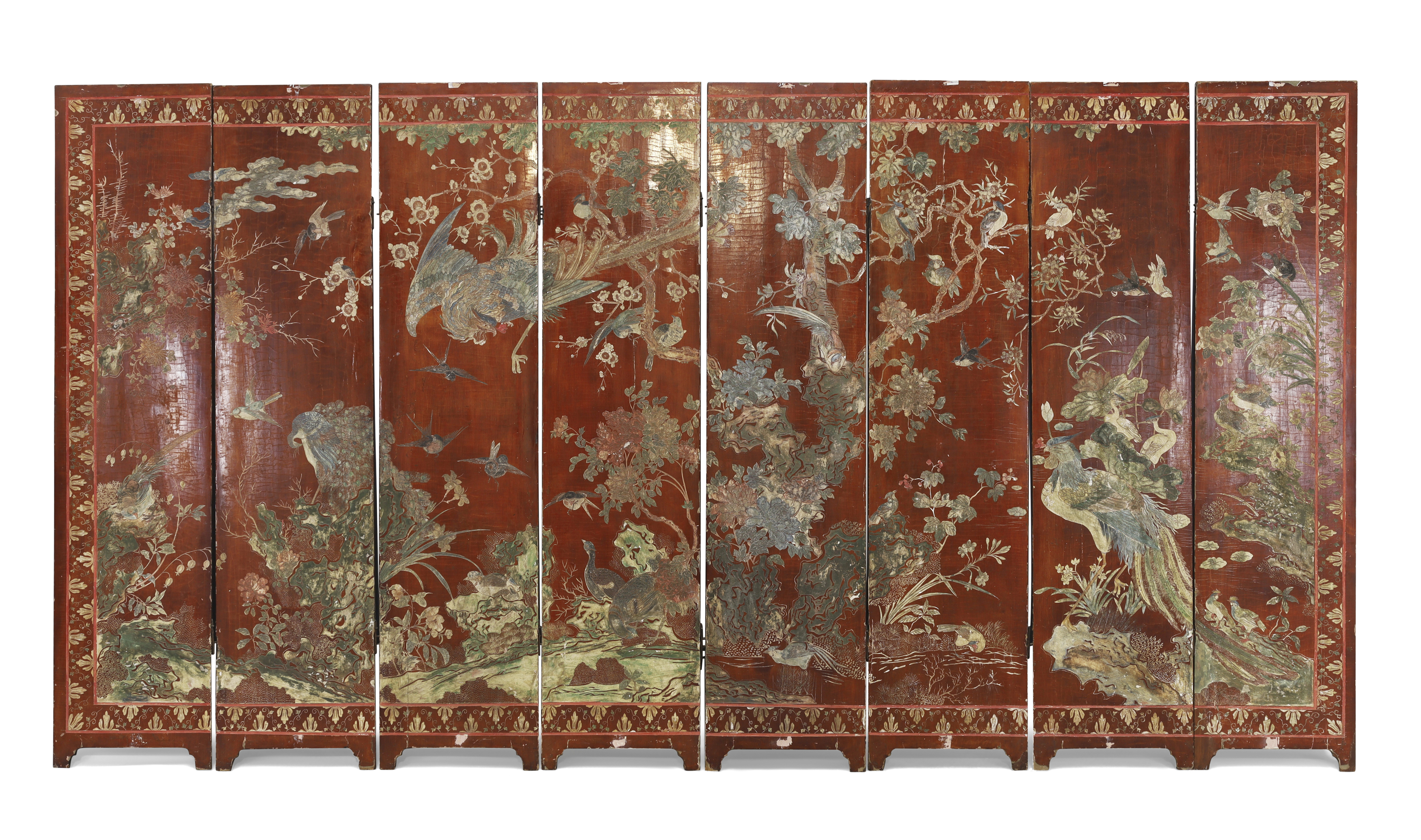 A Chinese eight section carved lacquer screen Qing dynasty, 18th century Carved and painted to ... - Image 2 of 2