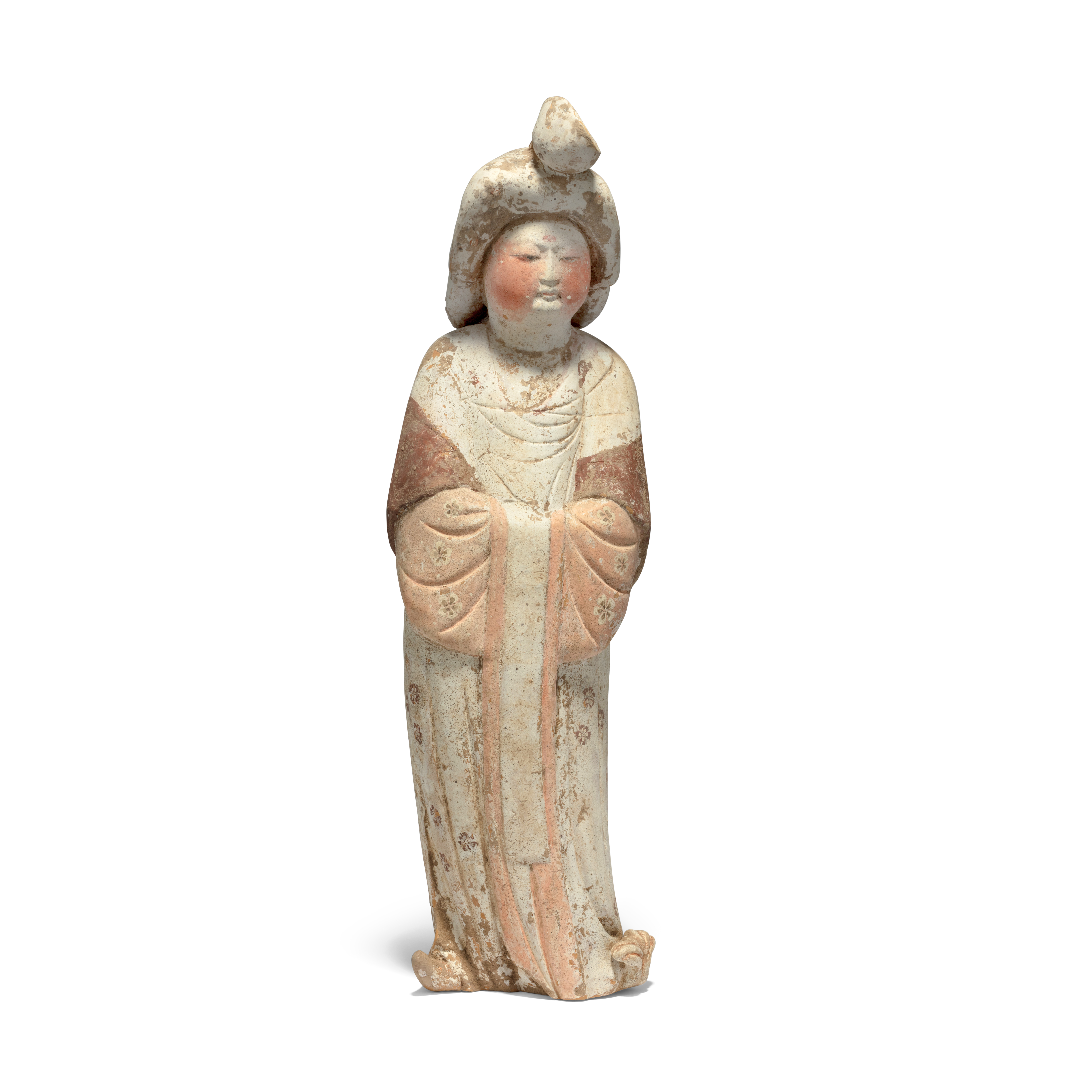 A Chinese pottery figure of a court lady, Tang dynasty Modelled standing swaying to the right w...