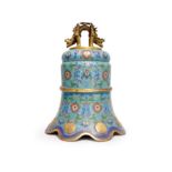 A Chinese cloisonné enamelled bell Republic period Cast with splayed foliate rim sweeping up to...