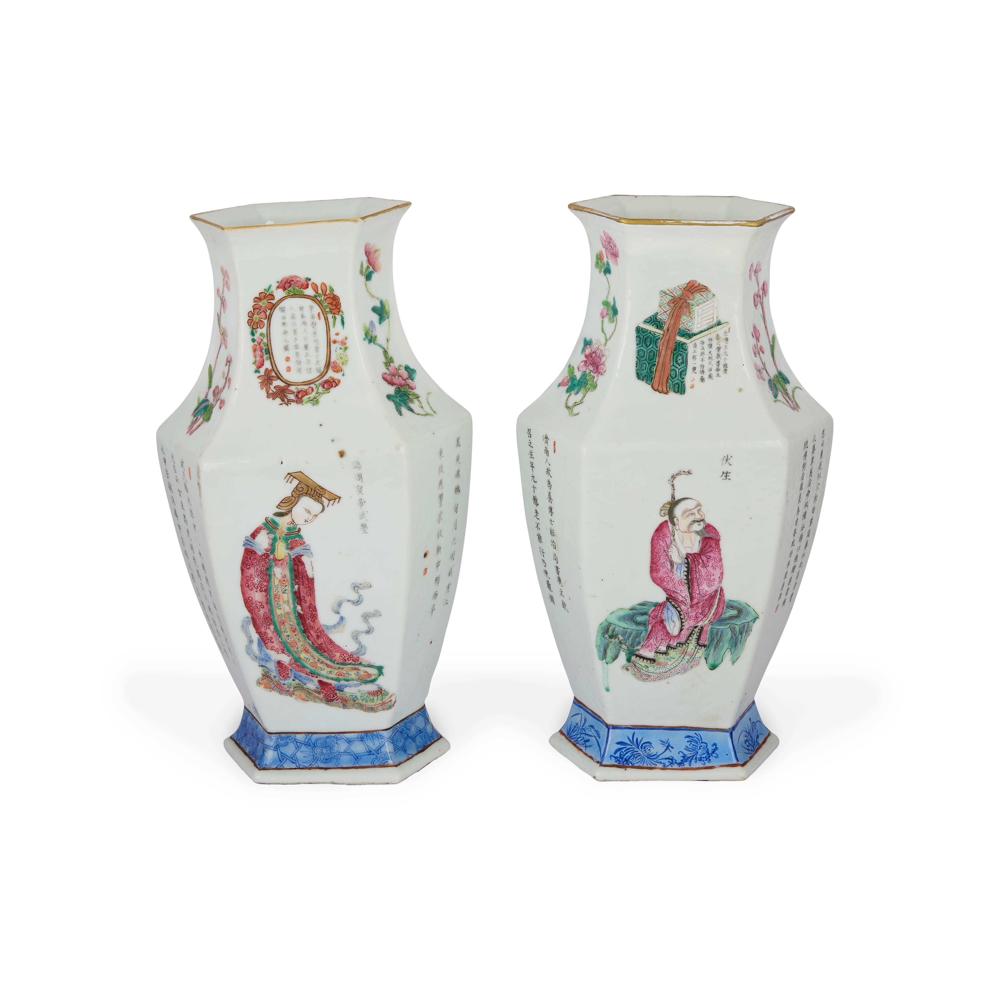 A pair of Chinese famille rose 'Wu Shuang Pu' hexagonal vases Qing dynasty, 19th century Each e... - Image 2 of 3