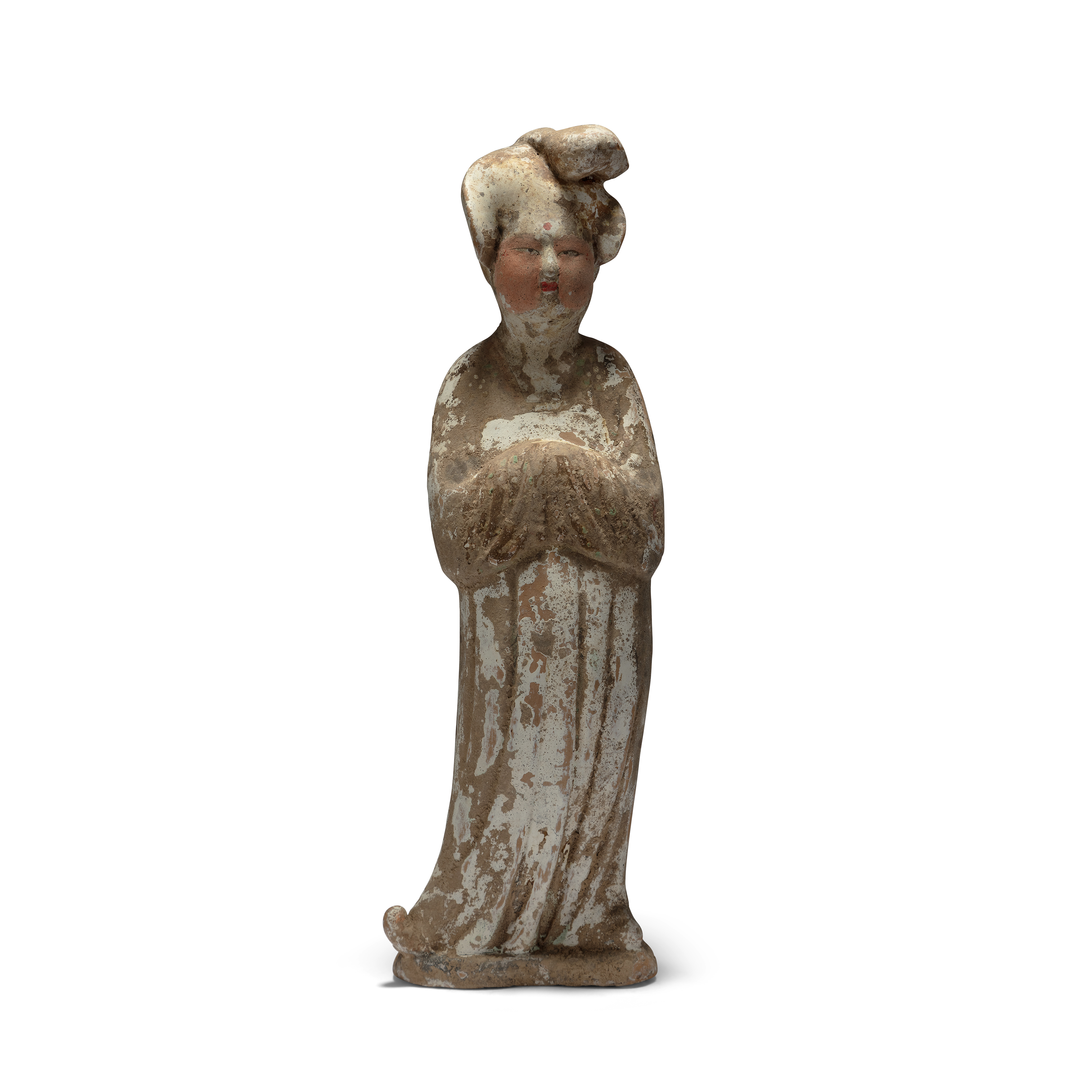 A painted pottery figure of a court lady Tang dynasty Her hair put up in an elaborate coiffure,...