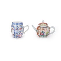 A Chinese famille rose export 'Mandarin pattern' teapot and a Chinese blue and white and famille ...