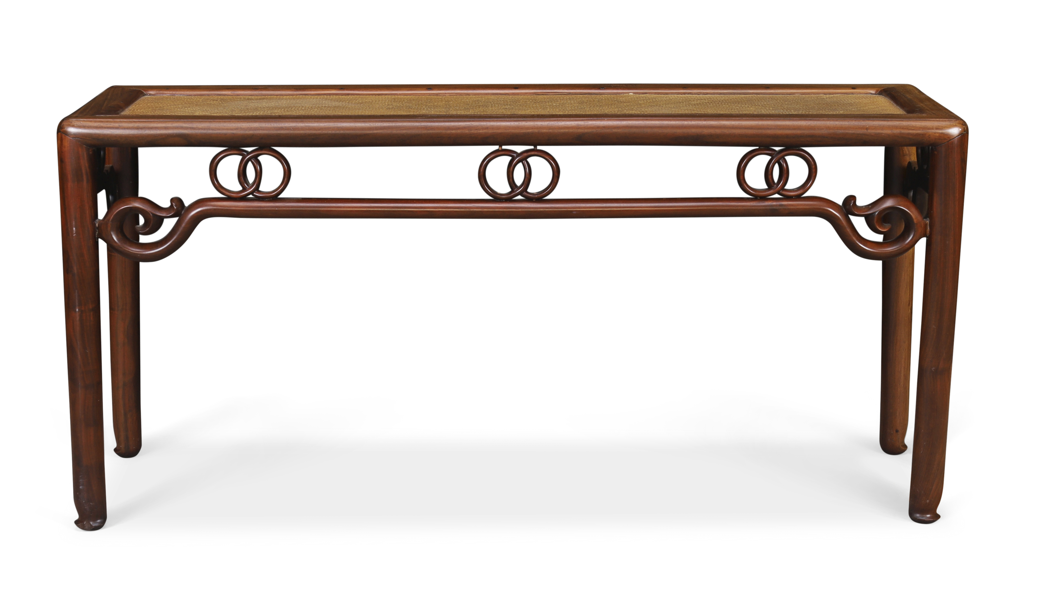 A Chinese huanghuali bench, Qing dynasty, 18th/19th century The rectangular top with soft cane ...