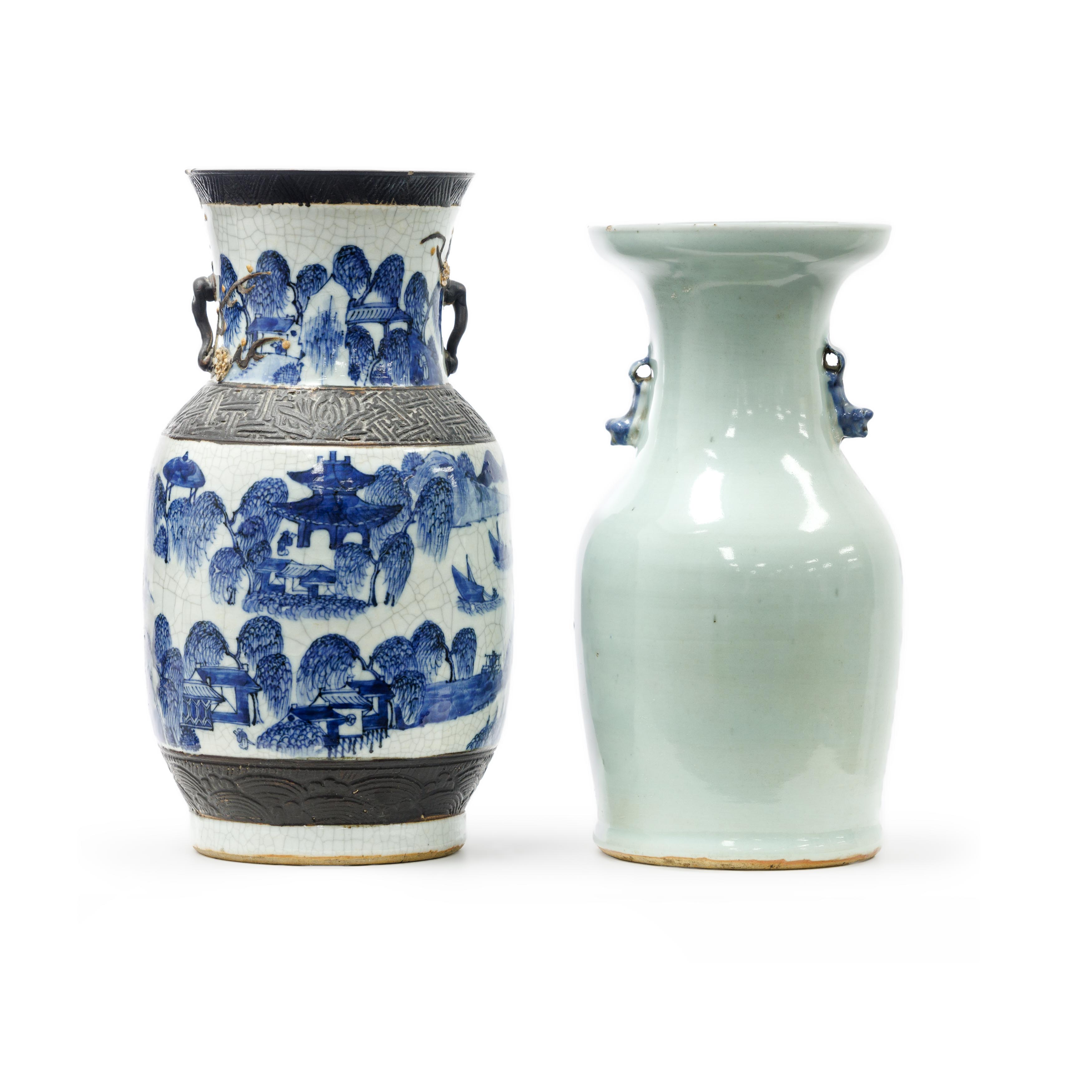 Two Chinese blue and white twin handled vases 19th century Comprising a celadon glazed vase wit... - Image 2 of 2