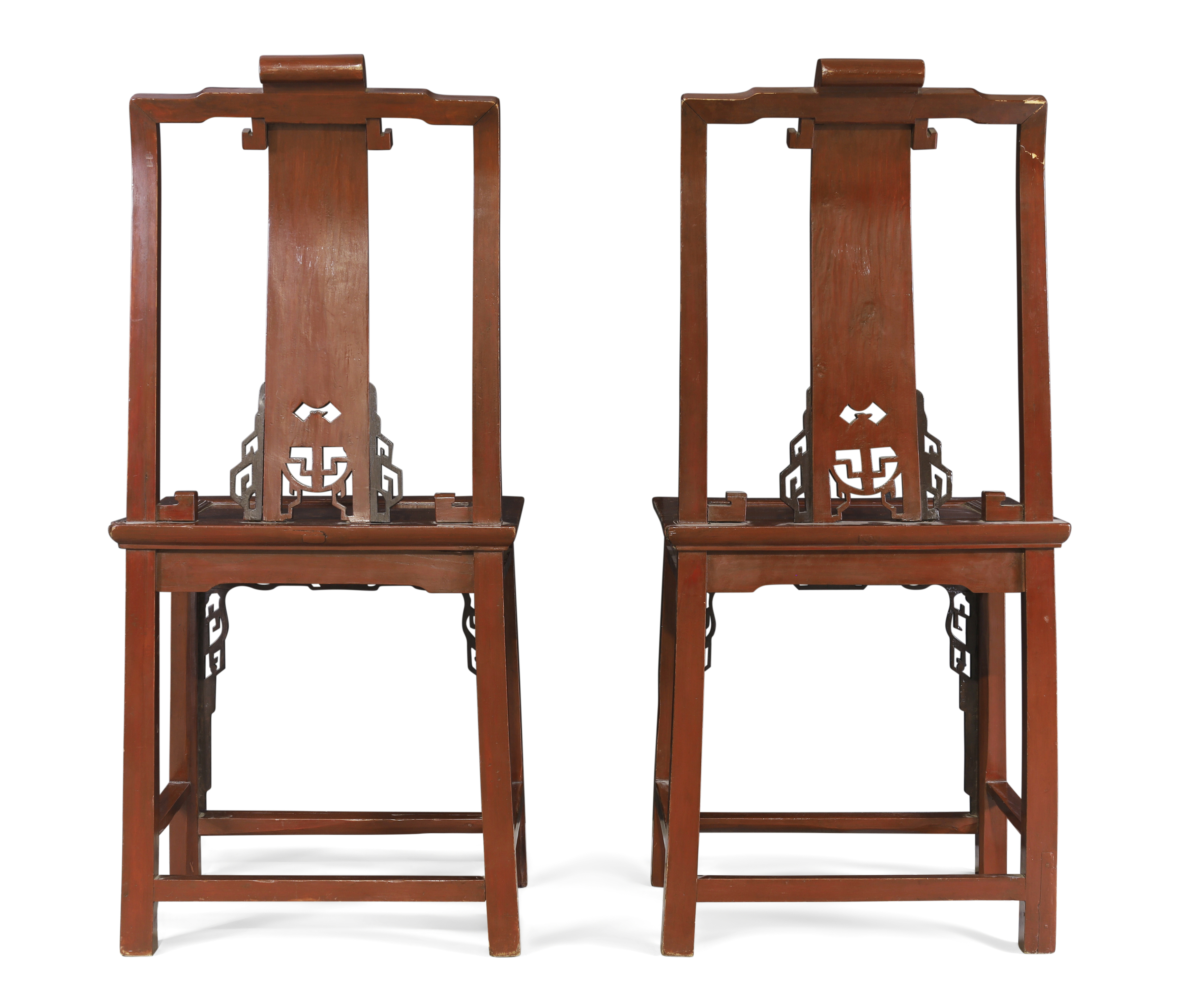A pair of Chinese red painted hall chairs Republic period The central splat with carved rectang... - Image 2 of 2