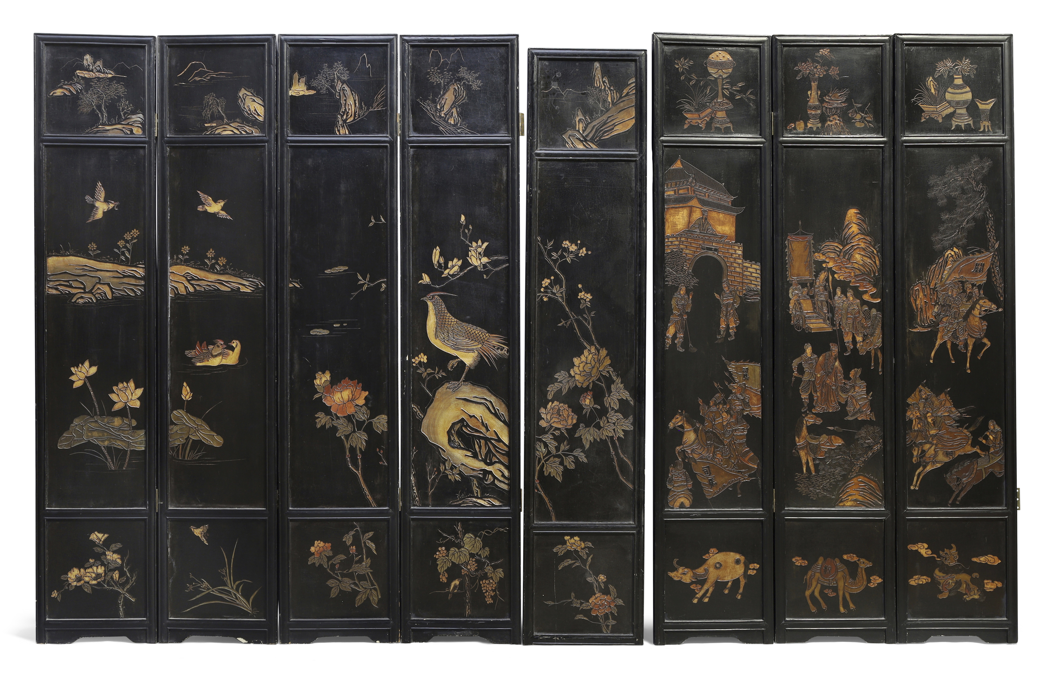 A large Chinese eight section folding screen Republic period Carved and painted to both sides w... - Image 2 of 2