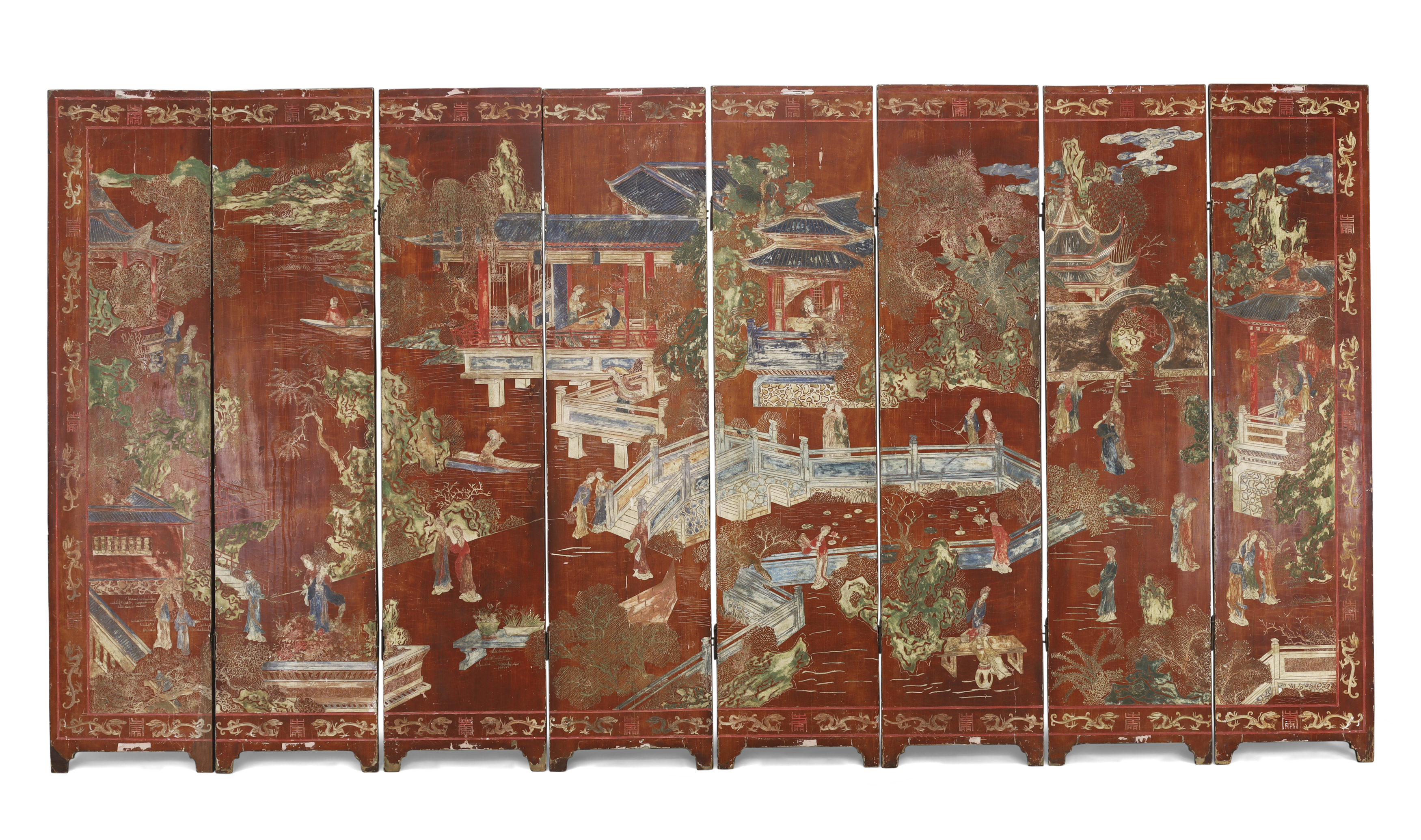 A Chinese eight section carved lacquer screen Qing dynasty, 18th century Carved and painted to ...