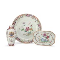 A large Chinese export famille rose plate, a similar tureen stand, and a French jar and cover 18...