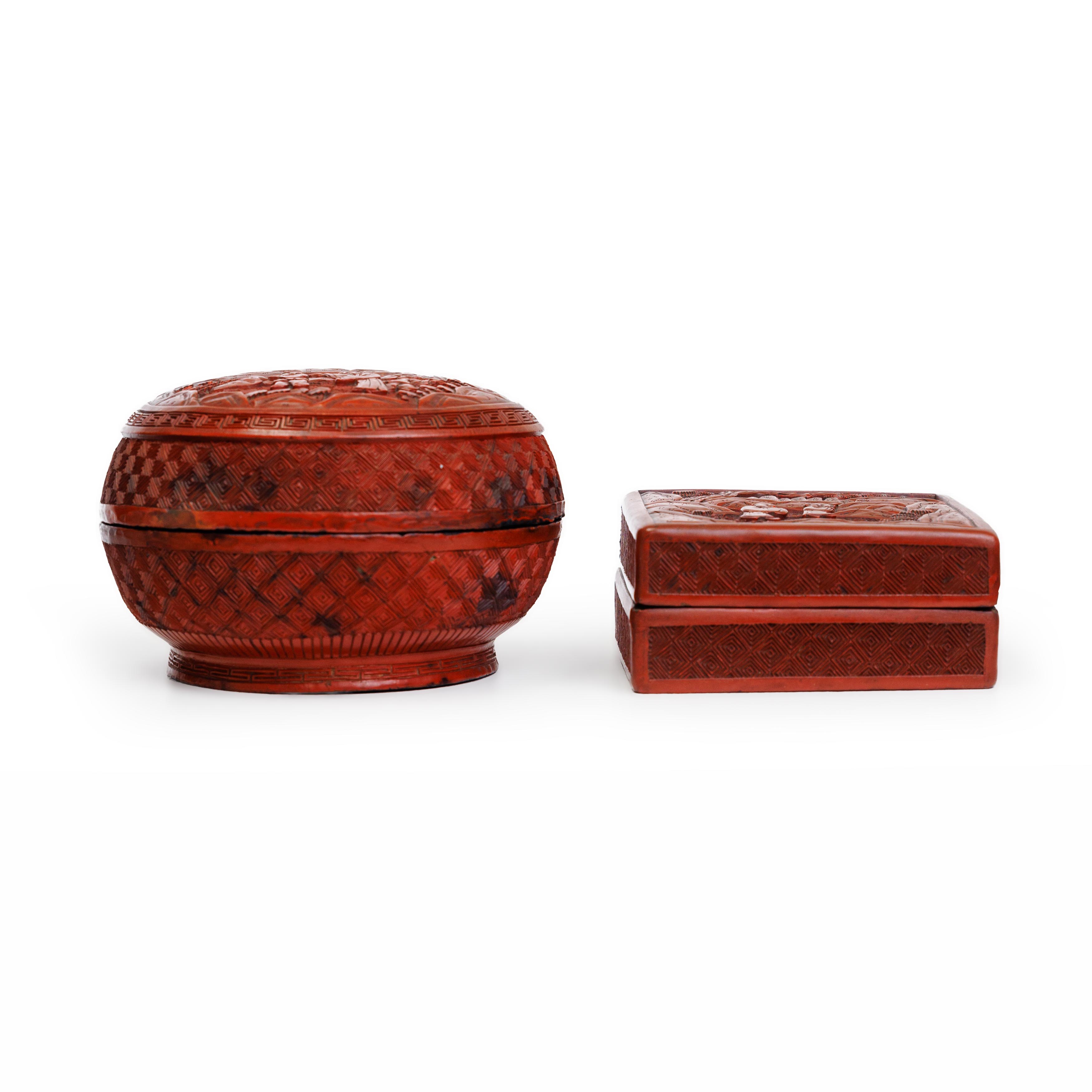 Two Chinese red cinnabar lacquer boxes Qing dynasty, 19th century One of square section, the ot... - Image 2 of 2
