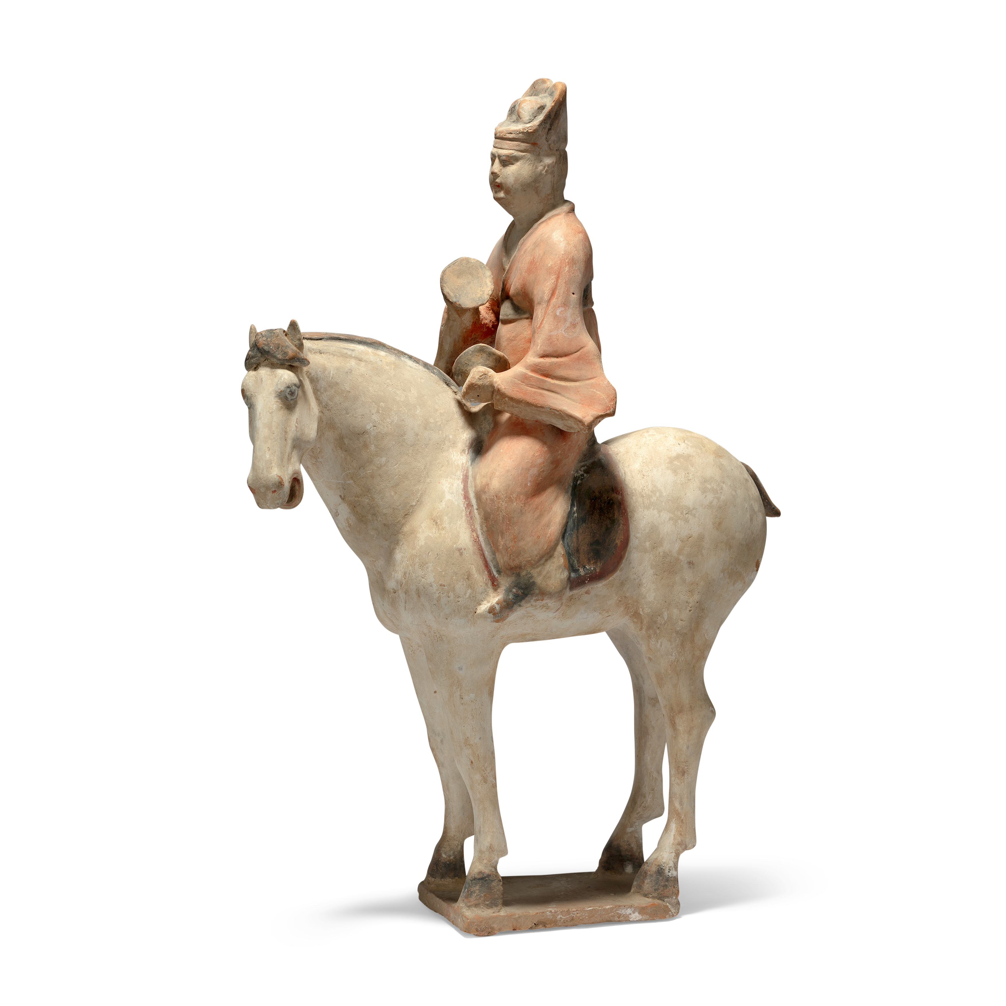 A Chinese pottery figure of a musician on horseback Tang dynasty The horse standing four square...