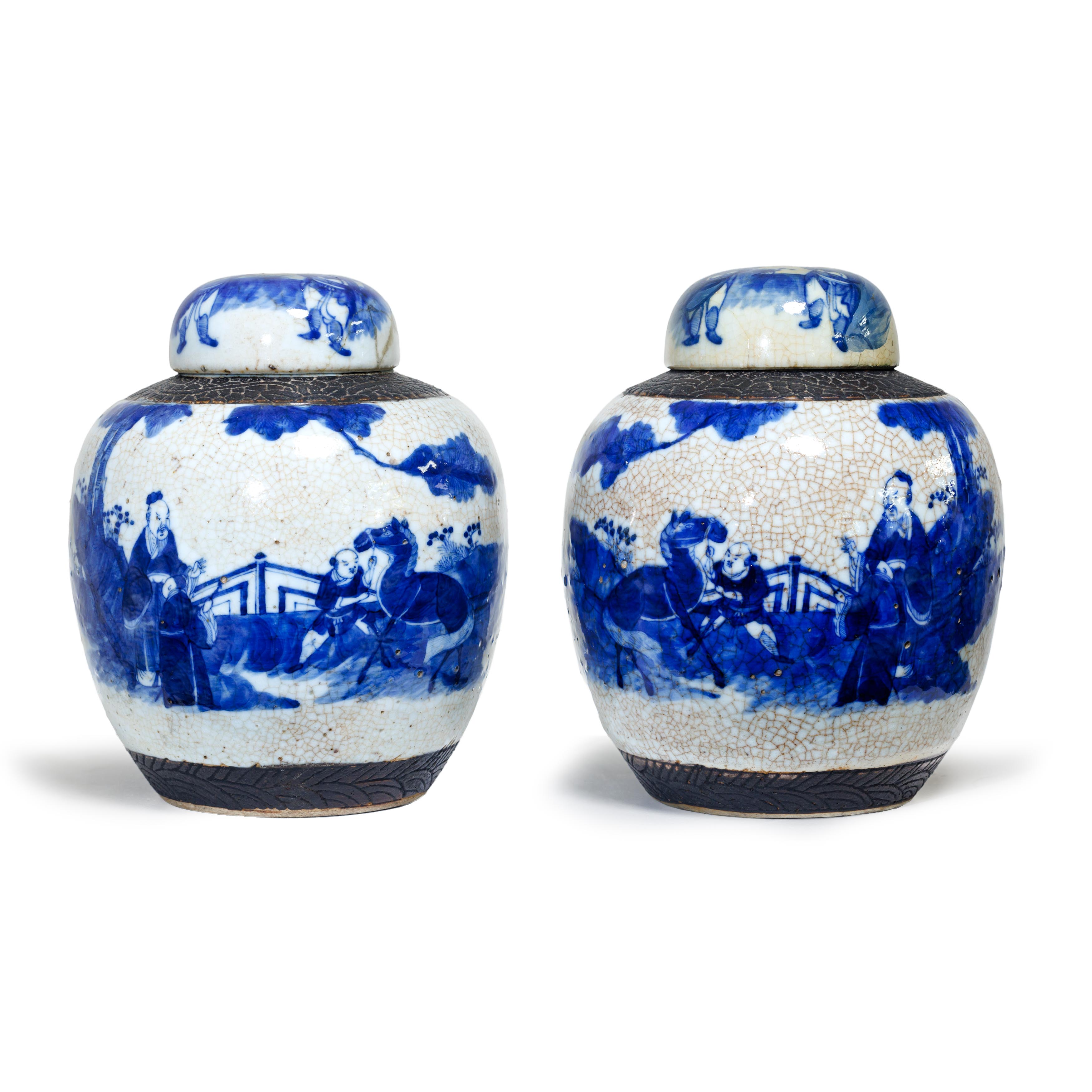 A pair of Chinese blue and white jars and covers, Qing dynasty, late 19th century Each painted ...