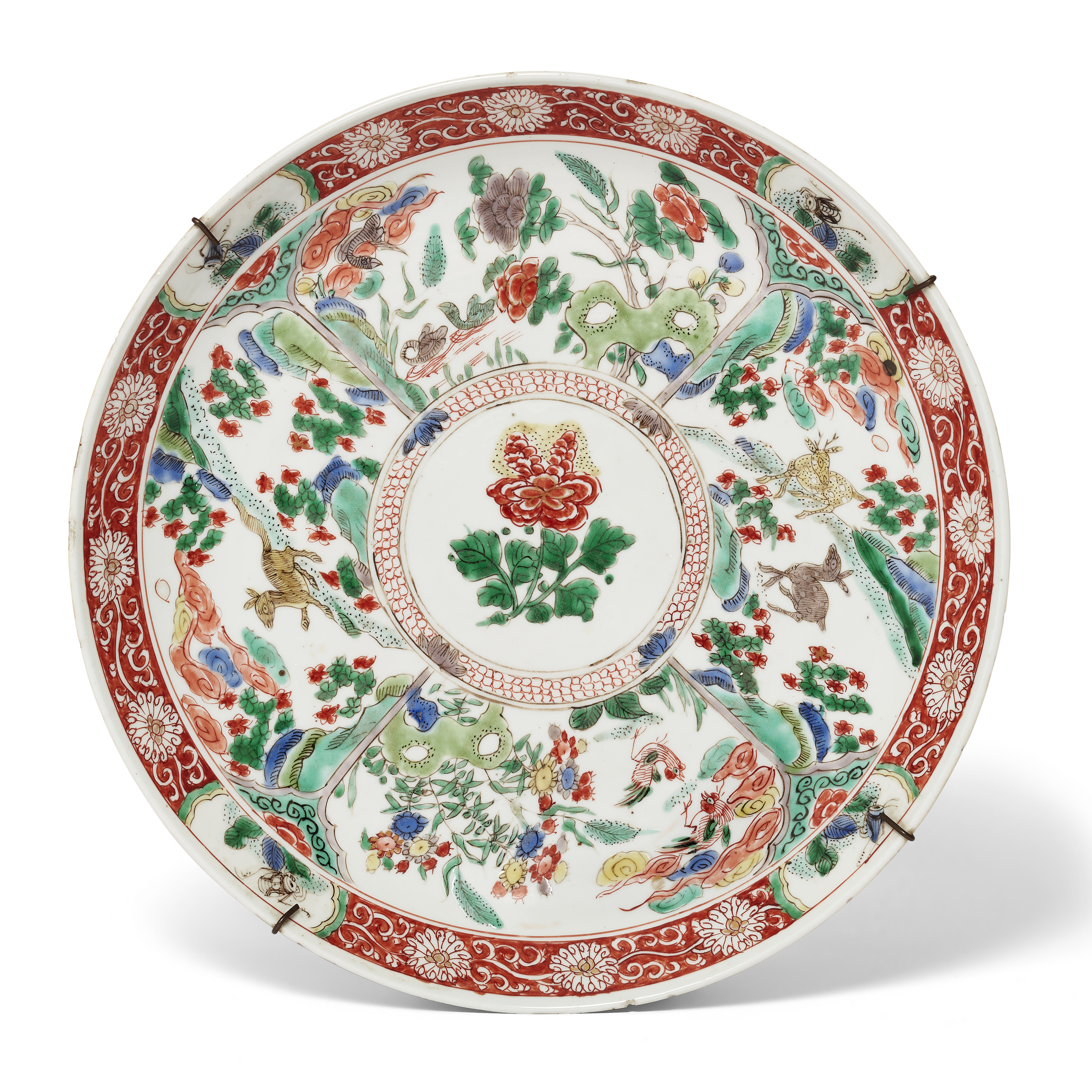 A Chinese famille verte 'animal and flower' dish Qing dynasty, Kangxi period Painted to the cen...