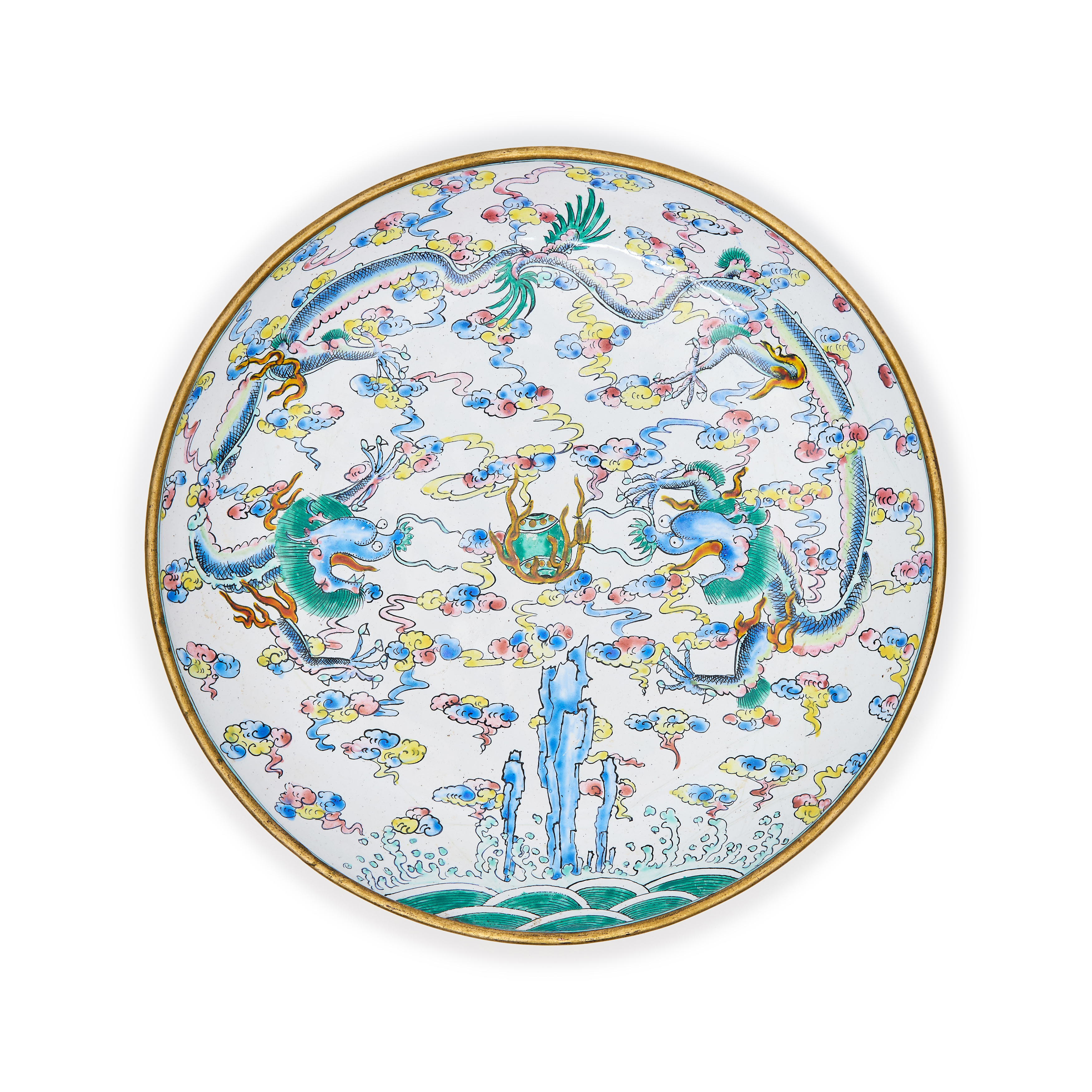 A Chinese painted enamel 'dragon' dish Late Qing dynasty Decorated with two confronting dragons...