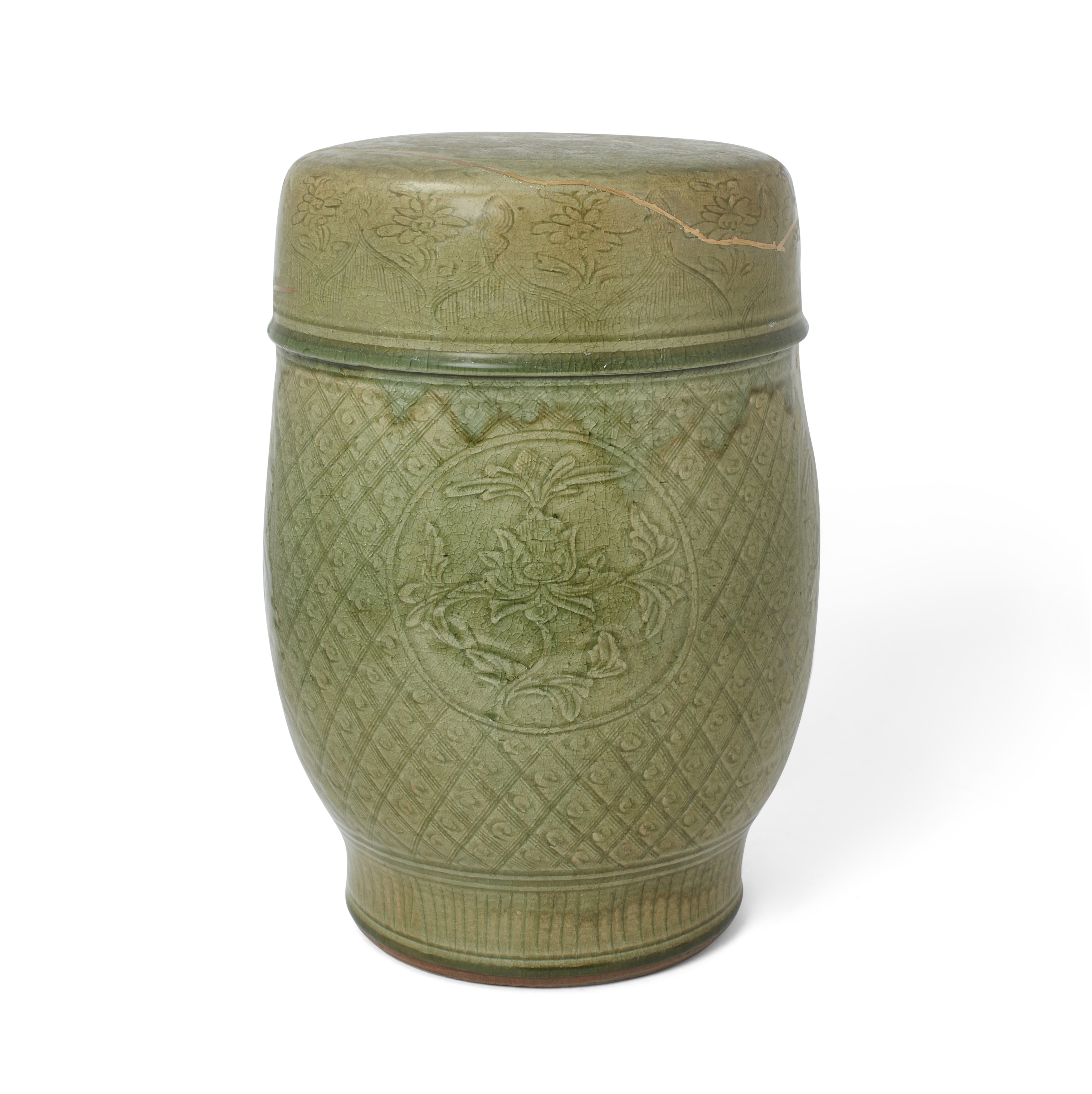 A Chinese Longquan celadon barrel stool 16th/17th century Of barrel form, with an everted taper...