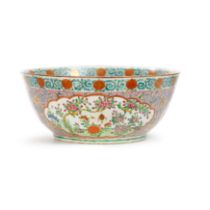 An unusual Chinese 'Canton' famille rose punch bowl Qing dynasty, 19th century The rim enamelle...