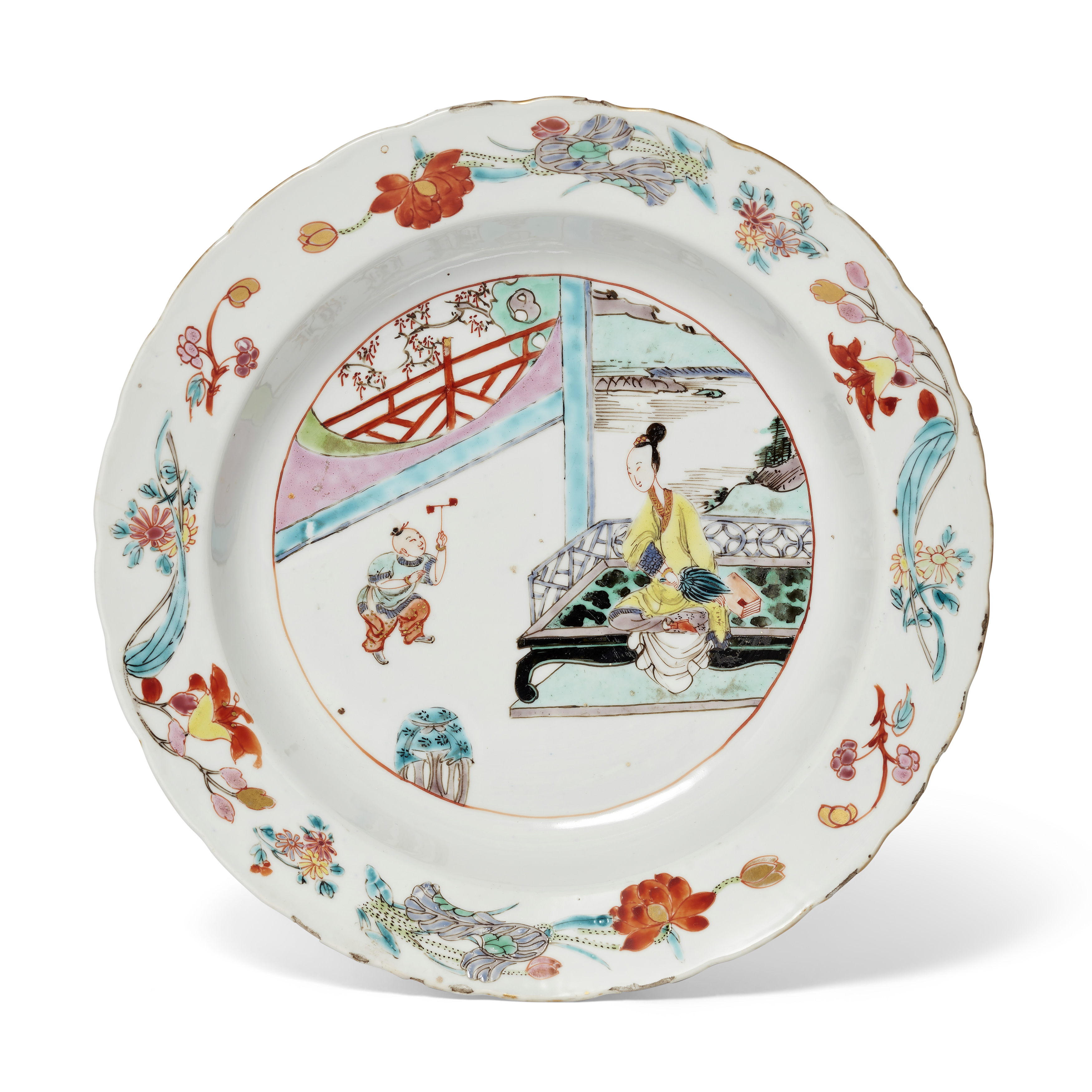 A Chinese famille rose deep dish  Qing dynasty, Yongzheng period Enamelled with a central medal...