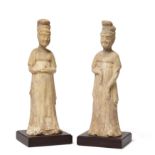 Two Chinese pottery straw glazed figures Tang dynasty 21cm high, on fitted wood bases (2). Pro...
