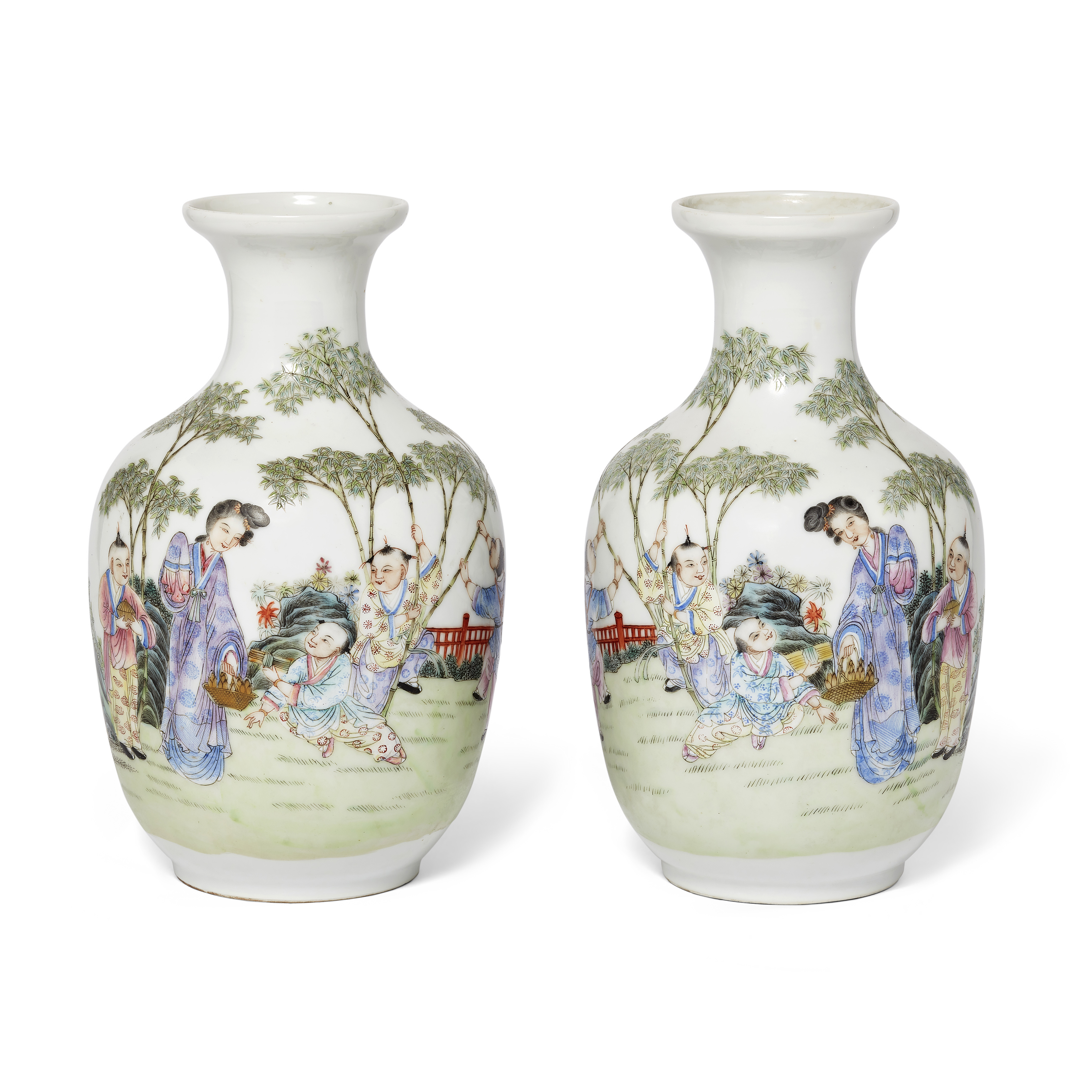 A pair of Chinese famille rose vases Republic period Finely painted with a woman and four boys ...