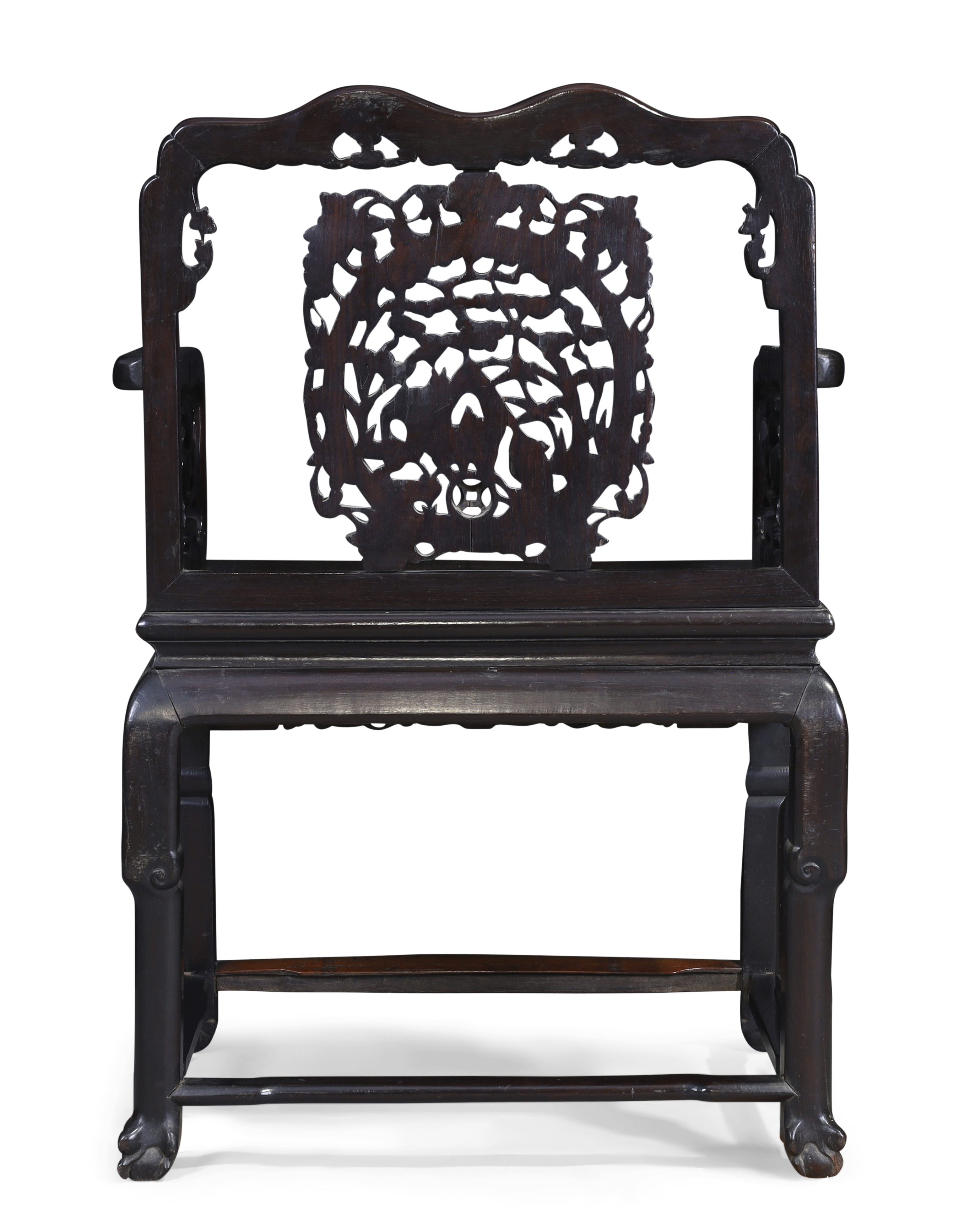 A set of three Chinese hongmu armchairs, Qing dynasty, 19th century, Each with carved back panel ... - Image 3 of 4