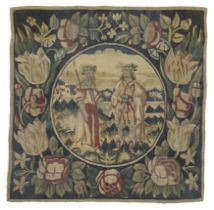 A North European tapestry panel, C.1700 Woven in wools and silks, the central roundel depicting t...