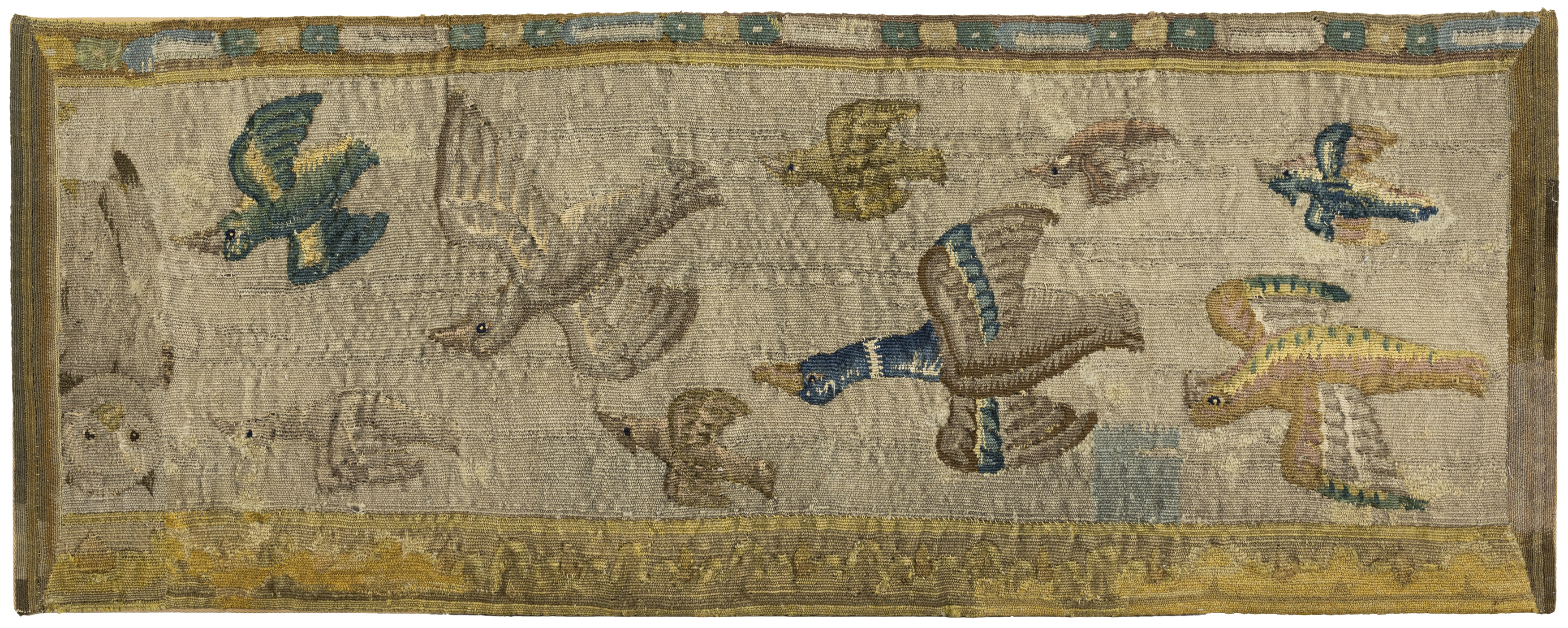 Three Flemish tapestry border fragments, 17th century, Woven in wools and silks, depicting flying... - Image 4 of 4