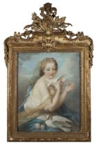 Follower of François Boucher, French, 1703-1770, portrait of a young woman holding a white dove, ...