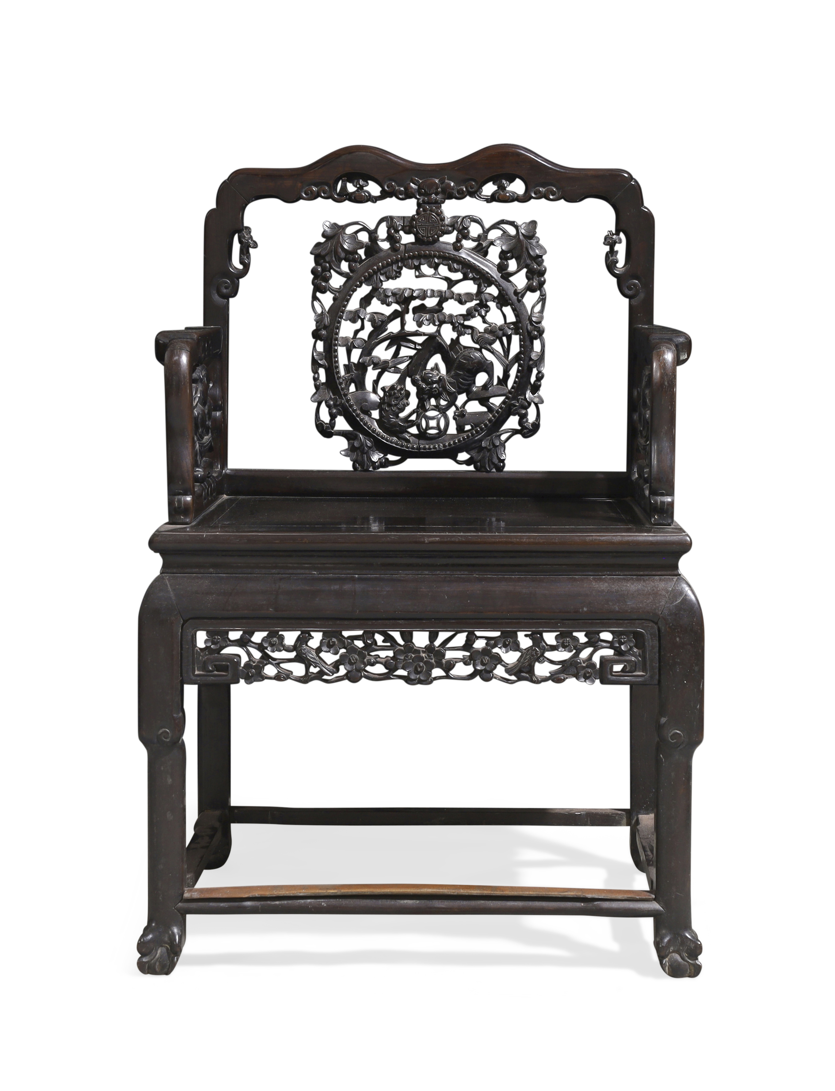 A set of three Chinese hongmu armchairs, Qing dynasty, 19th century, Each with carved back panel ... - Image 2 of 4