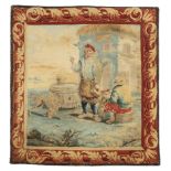 A Flemish tapestry panel, 19th century, Woven in wools and silks, depicting a man stood beside a ...